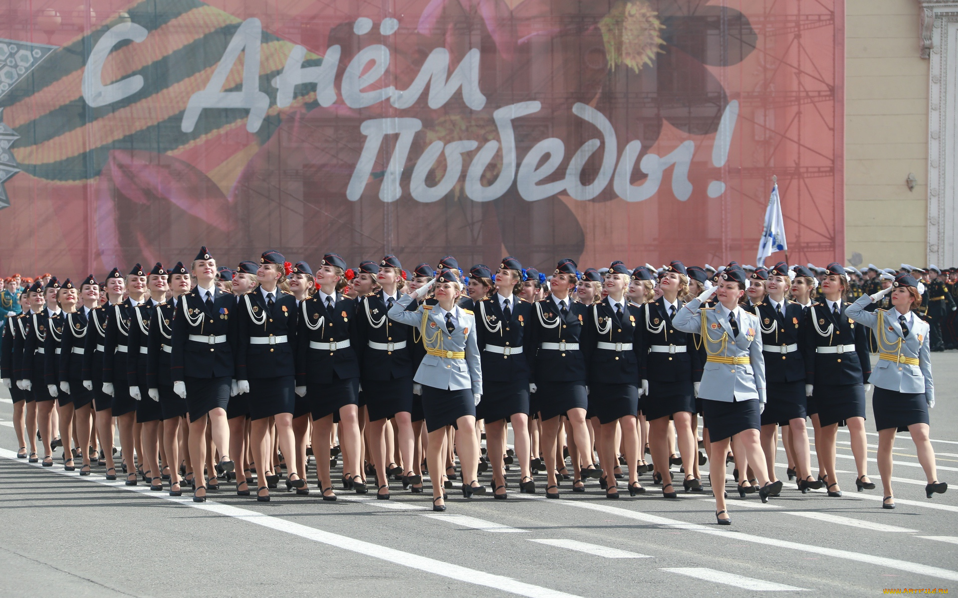 праздничные, день, победы, парад, девушки, строй