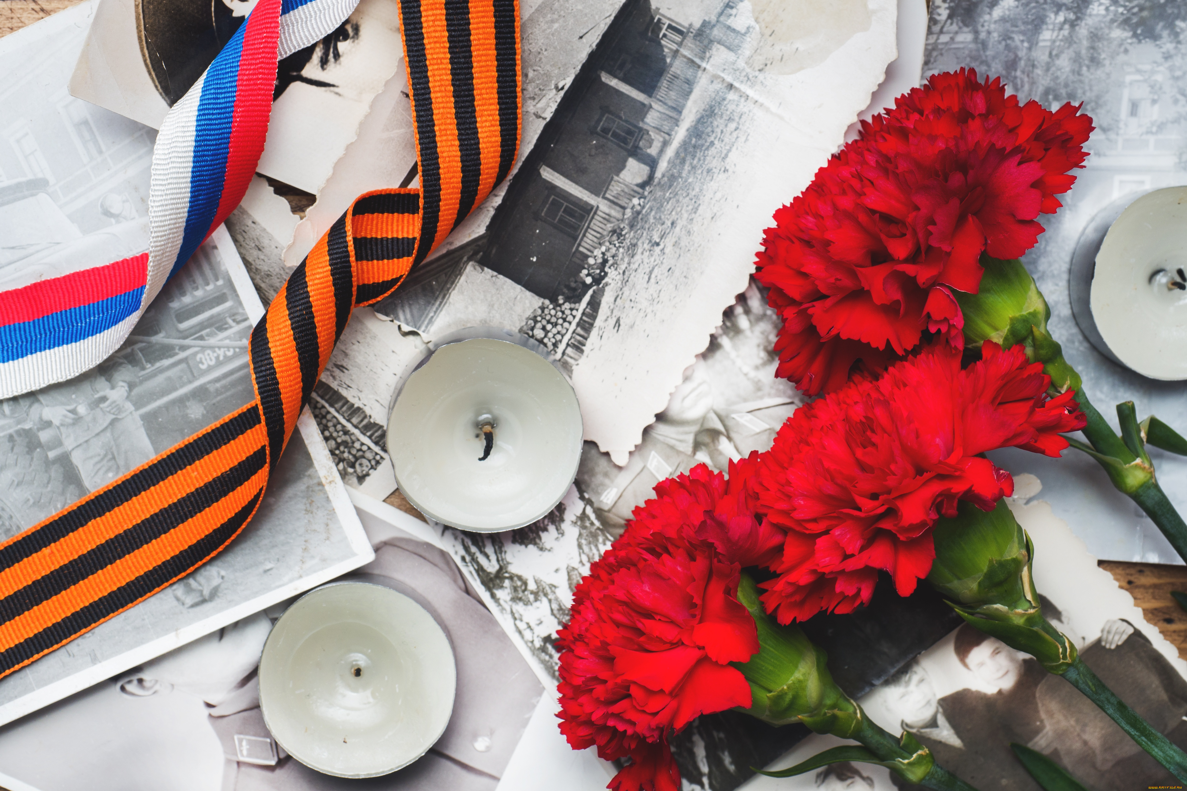 праздничные, день, отца, ленты, свечи, гвоздики