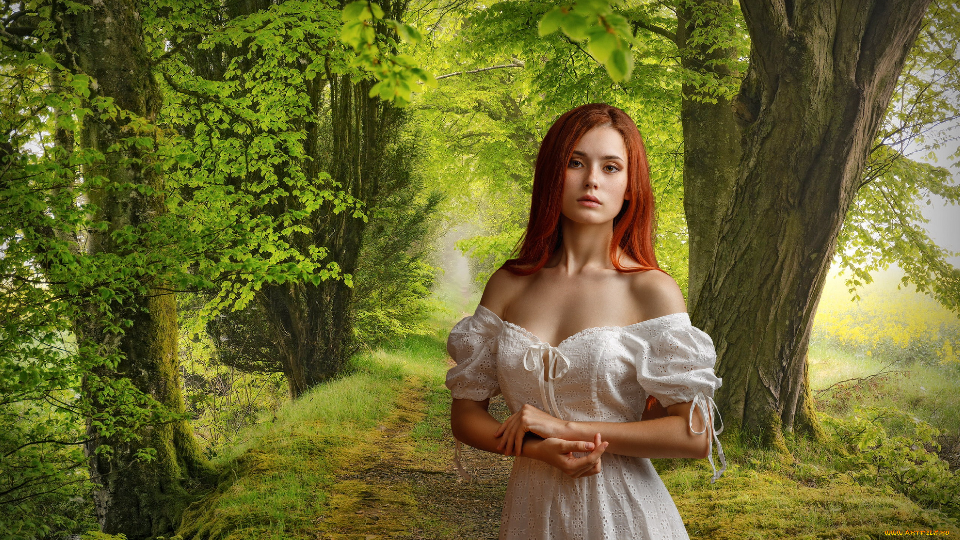 девушки, -, рыжеволосые, и, разноцветные, лес, рыжие, волосы, белое, платье, декольте