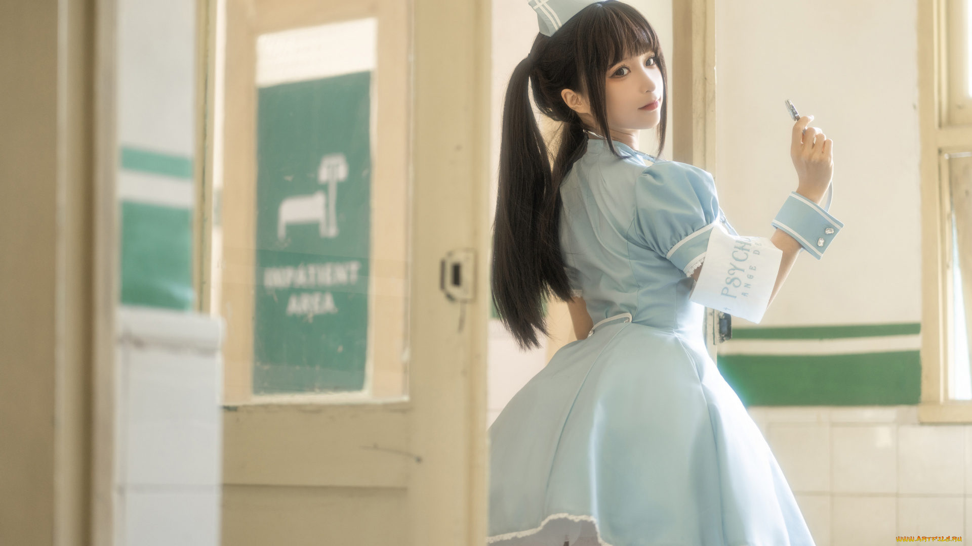 девушки, chun, momo, chun, momo, женщины, модель, азиатка, косплей, медсестры, наряд, больница, в, помещении, два, хвостика, платье