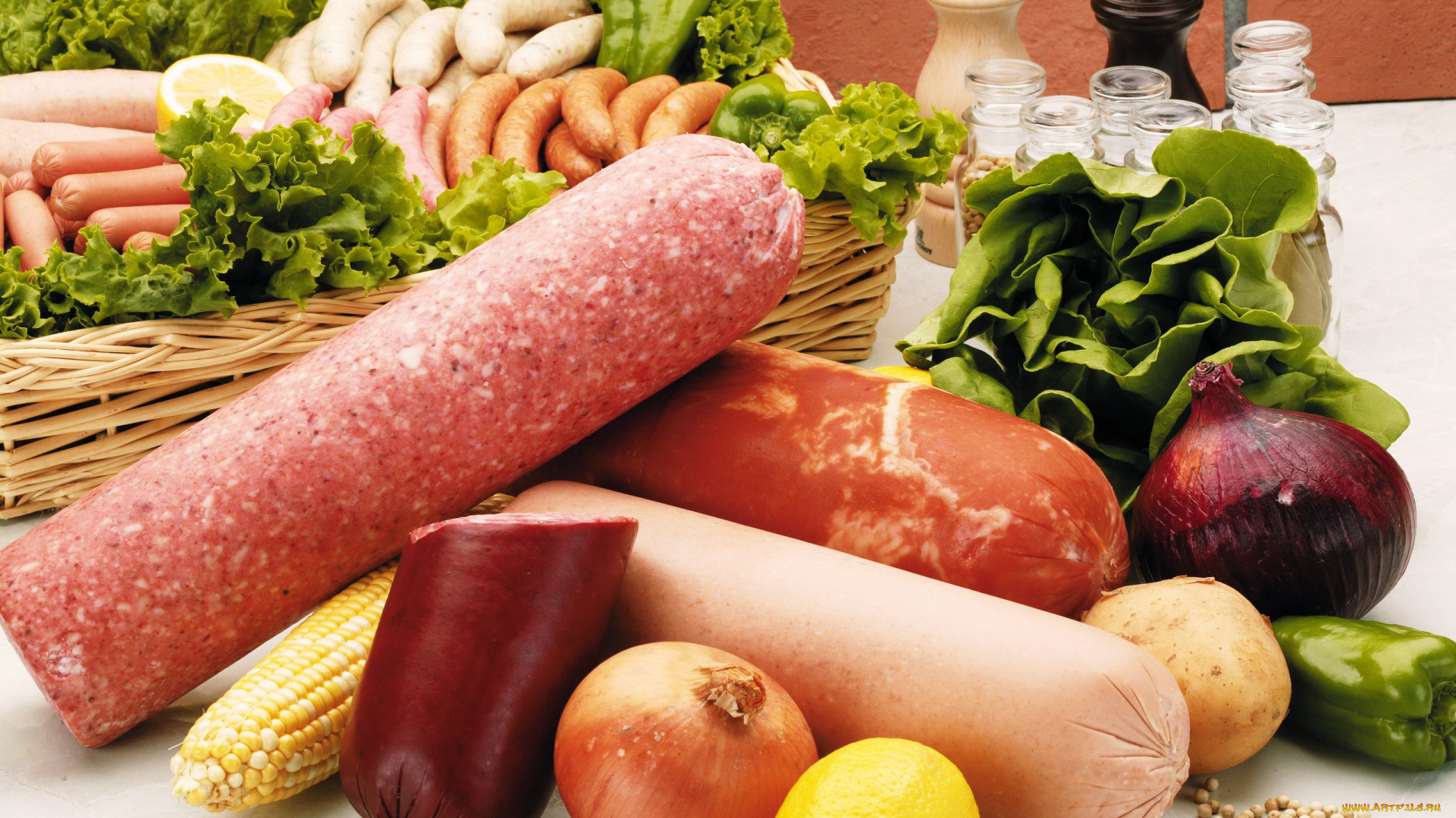 еда, колбасные, изделия, лук, лимон, кукуруза, колбаса, сосиски