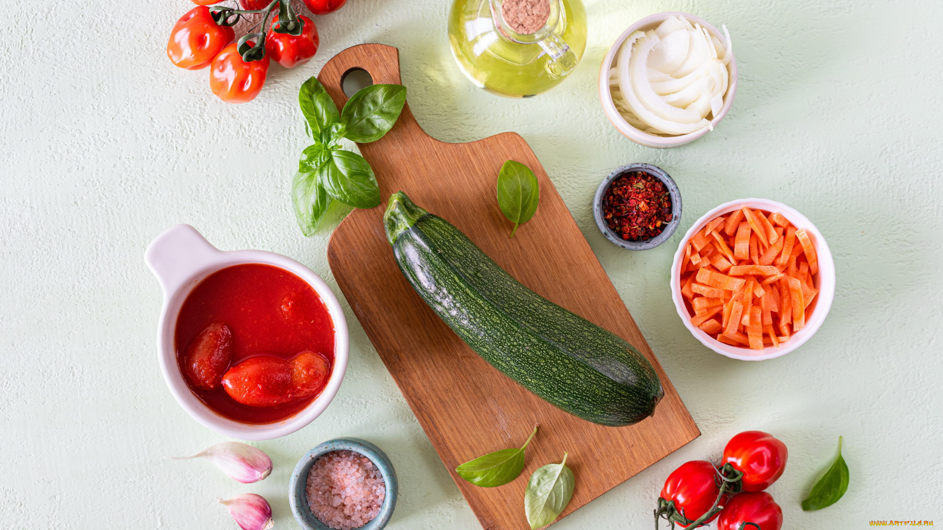 еда, овощи, цукини, лук, помидоры, чеснок, базилик