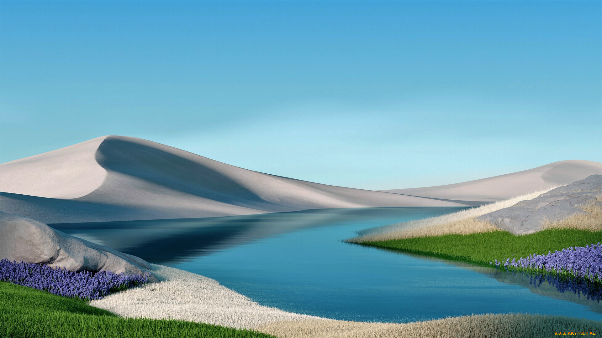 разное, компьютерный, дизайн, дюны, озеро, цветы, трава