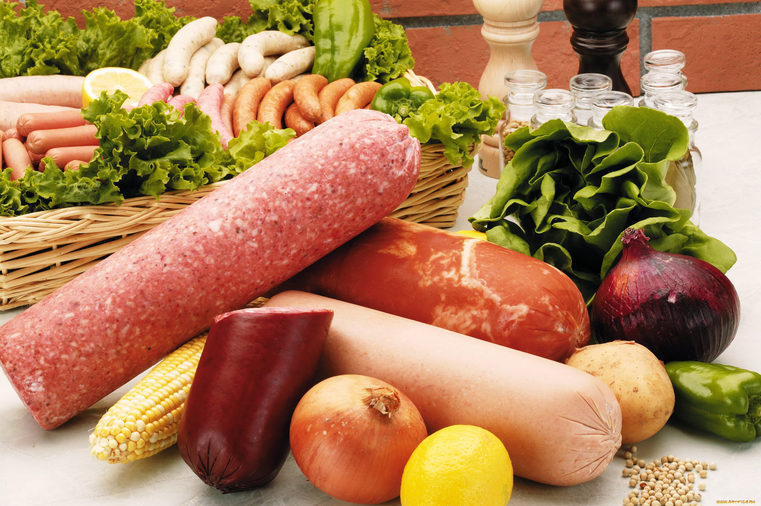 еда, колбасные, изделия, лук, лимон, кукуруза, колбаса, сосиски