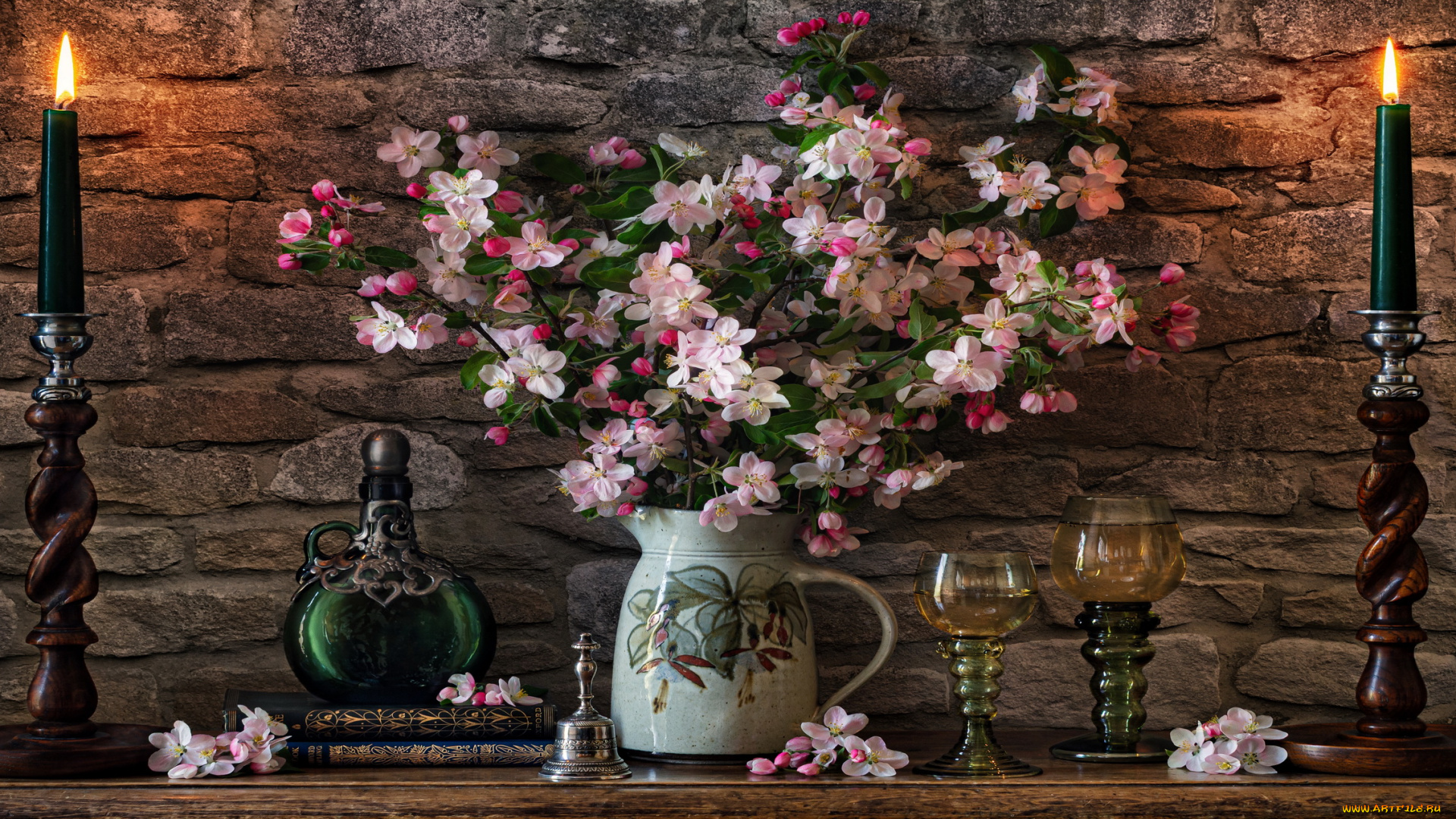 еда, напитки, , вино, свечи, букет, колокольчик, бокалы, вино, графин