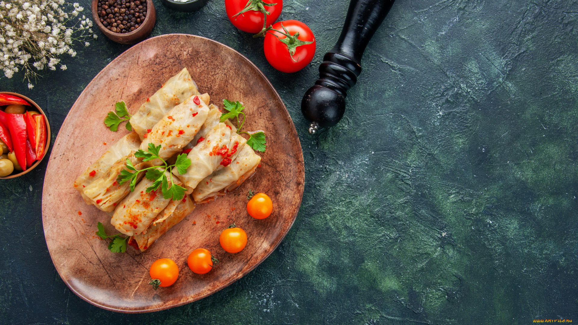 еда, вторые, блюда, помидоры, перец, голубцы, петрушка