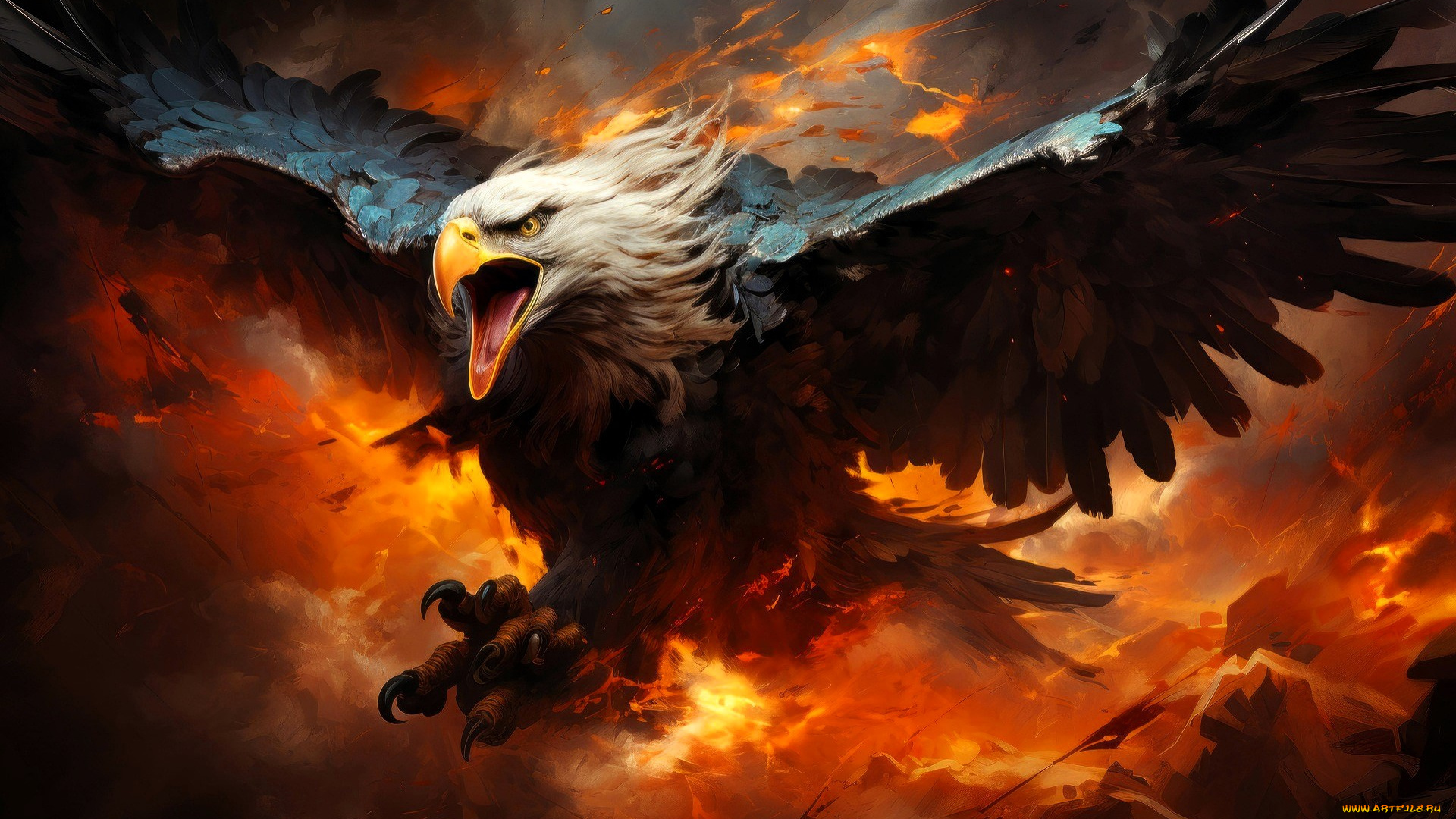 рисованное, животные, , птицы, , орлы, орел, птица, хищник, огонь, горы