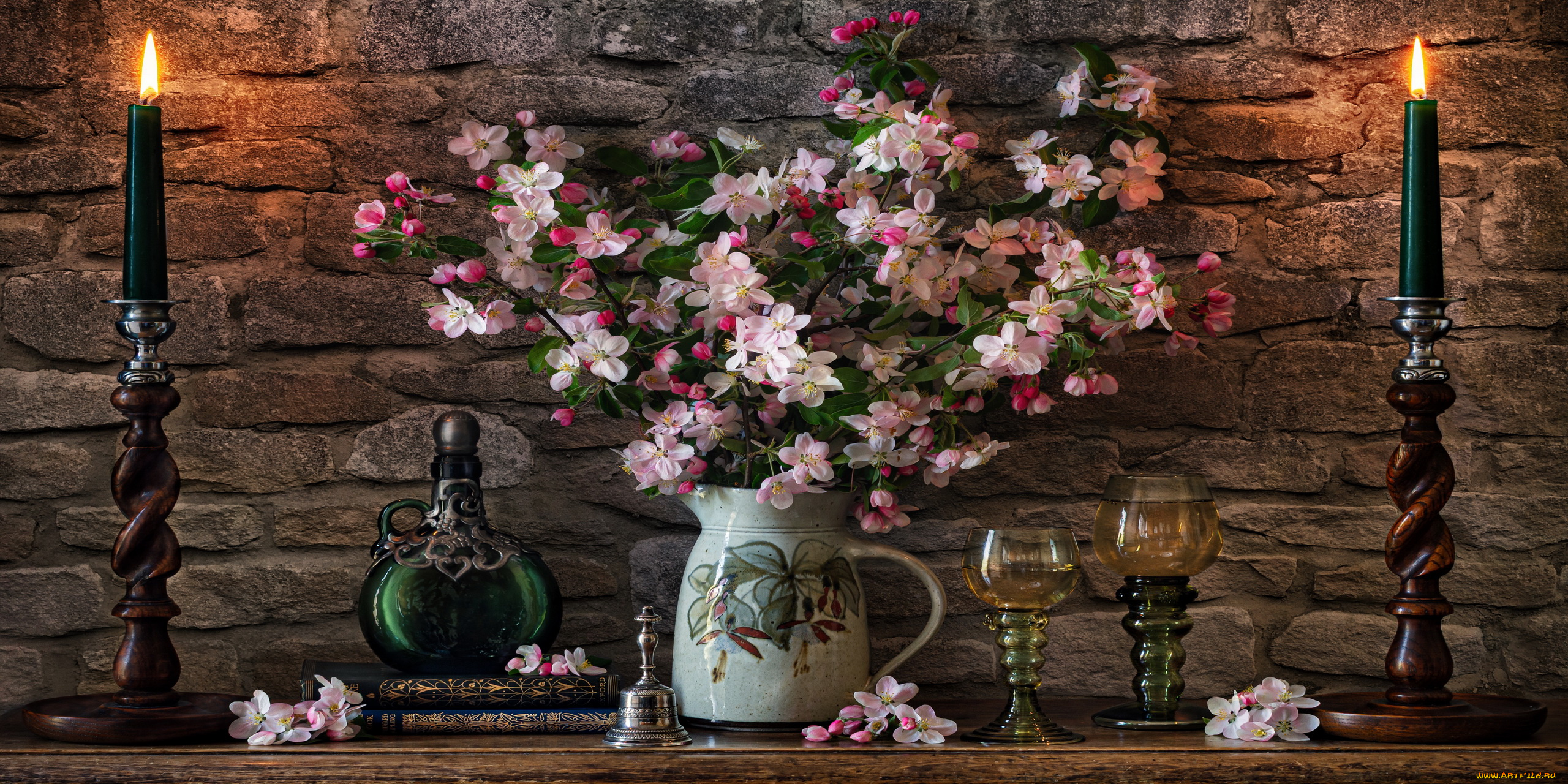 еда, напитки, , вино, свечи, букет, колокольчик, бокалы, вино, графин