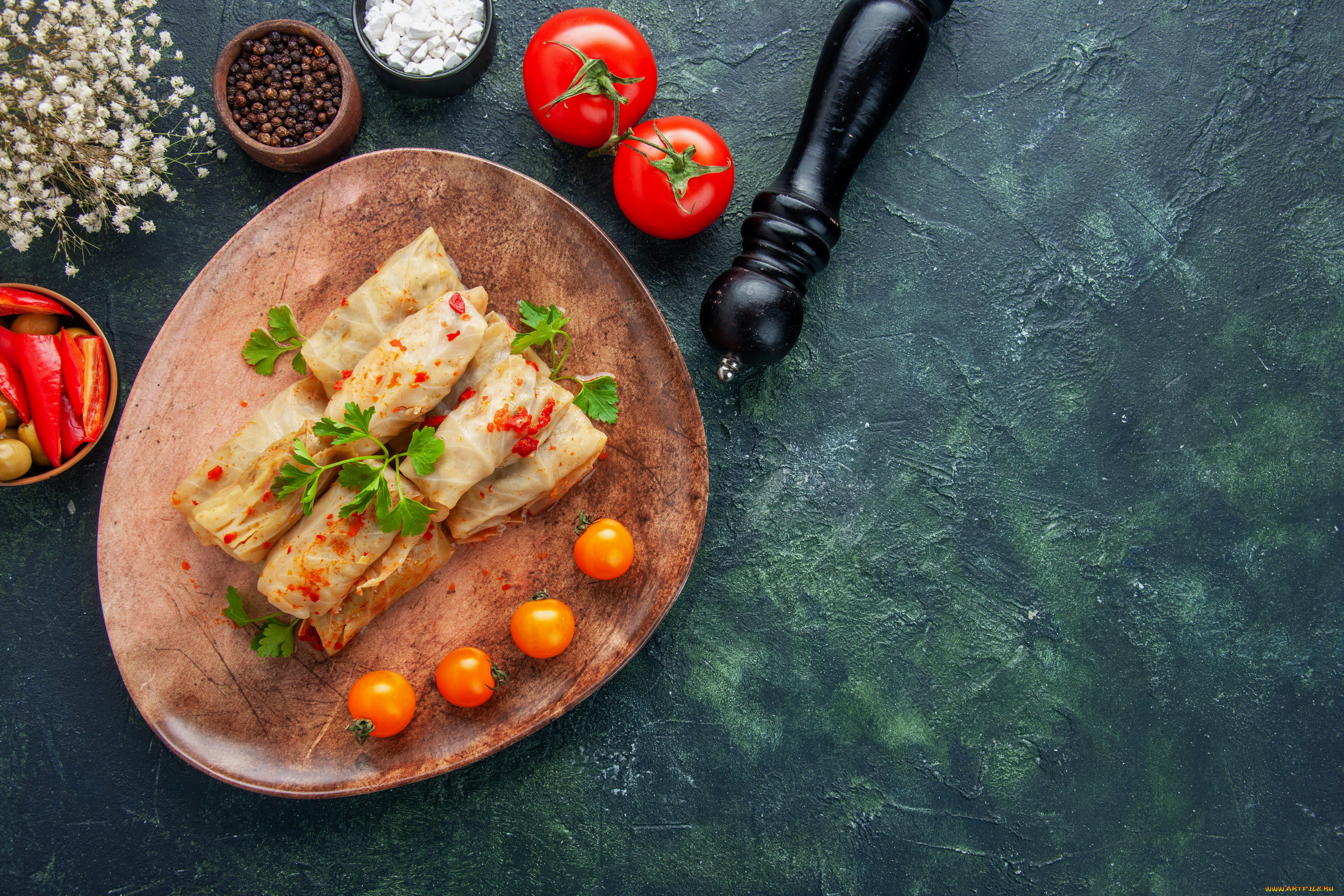 еда, вторые, блюда, помидоры, перец, голубцы, петрушка