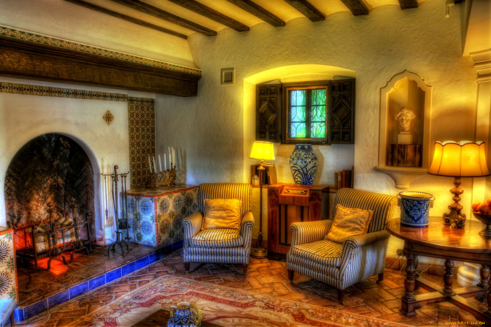 интерьер, гостиная, кресла, камин, зеркало, лампа, окно