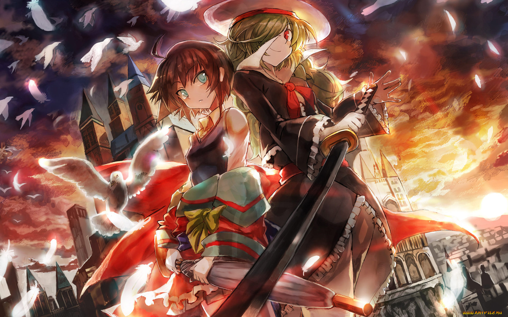 аниме, weapon, blood, technology, город, голуби, закат, блондинка, брюнетка, девушки, меч, улыбка