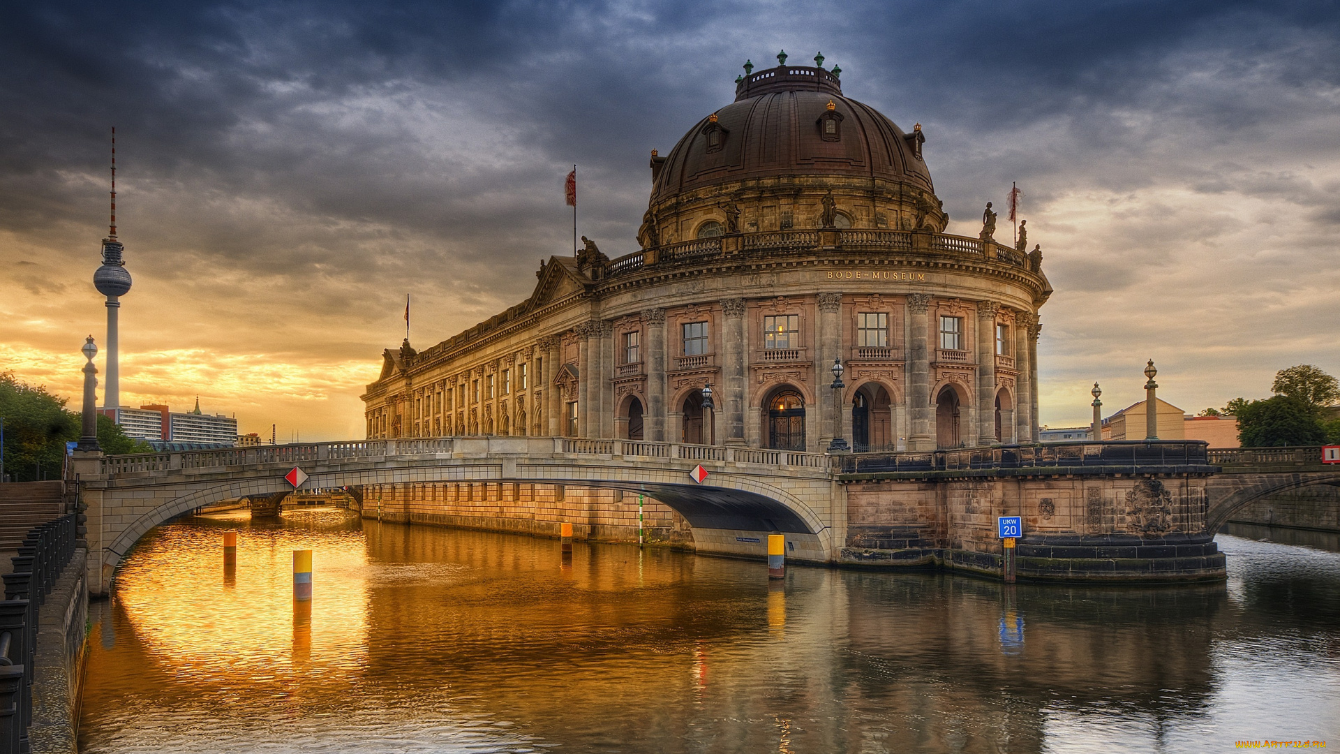города, берлин, германия, река, мост, вечер, музей