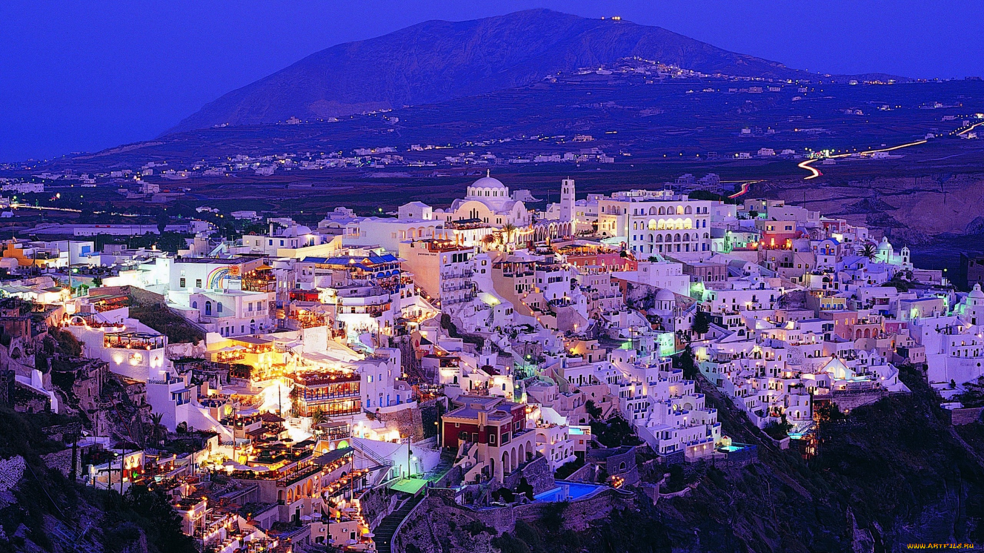 остров, санторини, города, греция, горы, огни, город, ночь