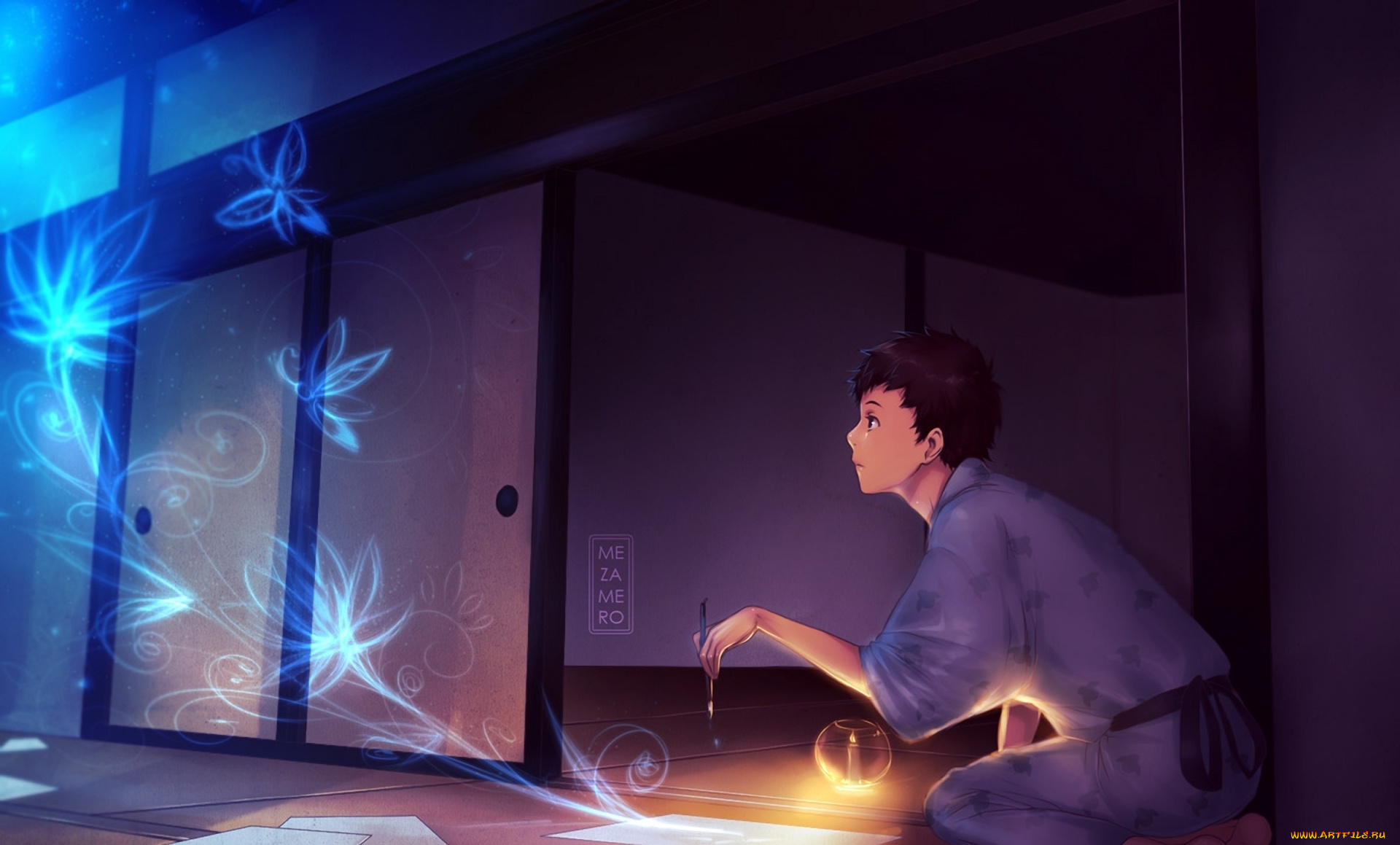 аниме, mushishi, mezamero, парень, рисует, бабочки, цветы, фантазия, кисть, свеча, кимоно, комната