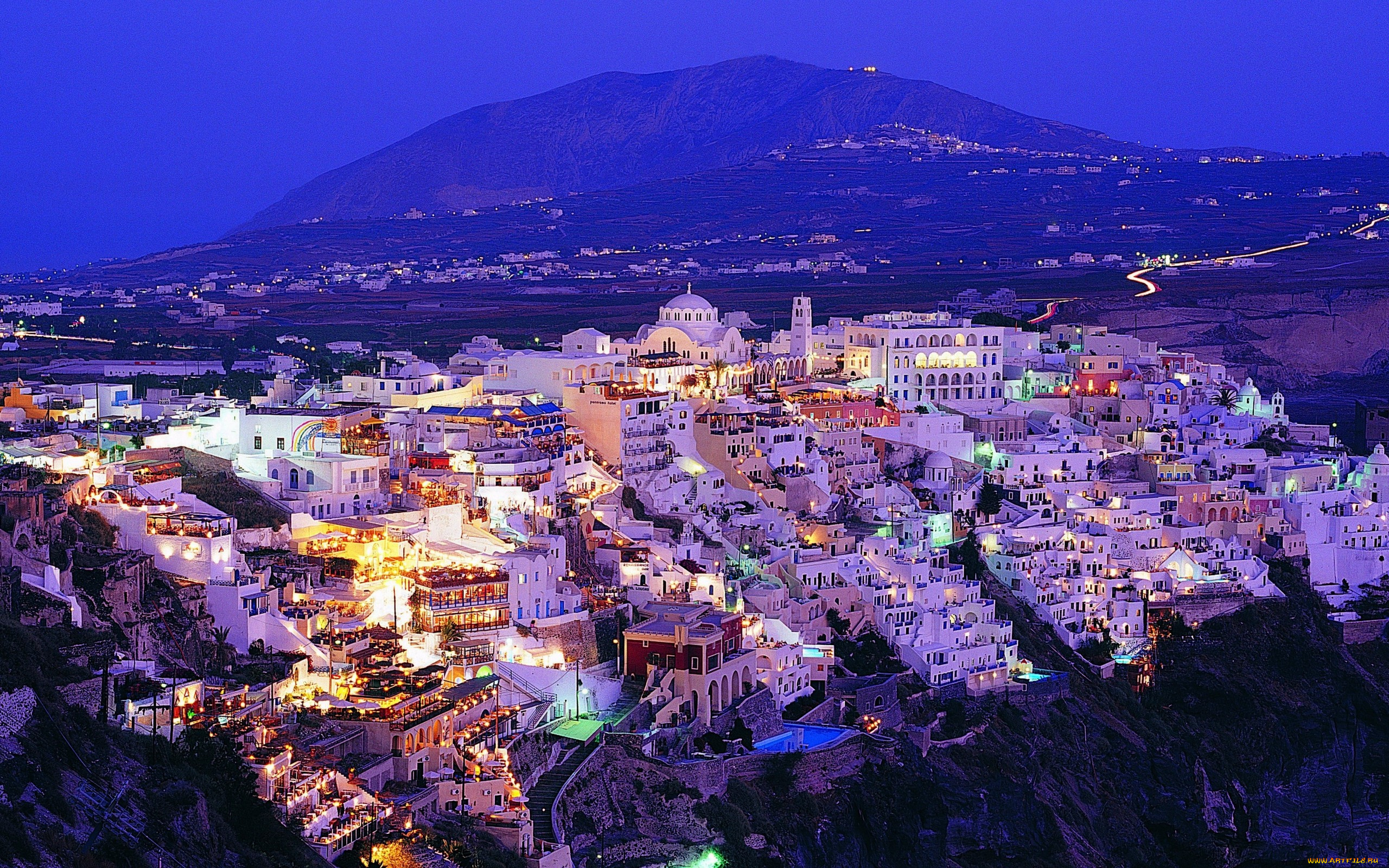 остров, санторини, города, греция, горы, огни, город, ночь
