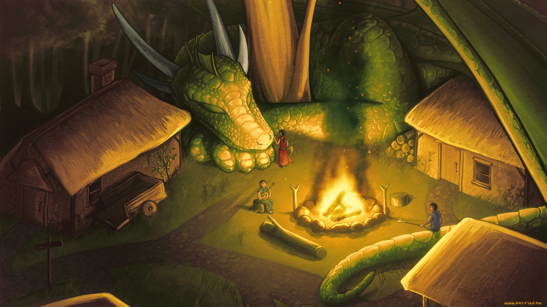 фэнтези, драконы, крылья, костер, домики, рога