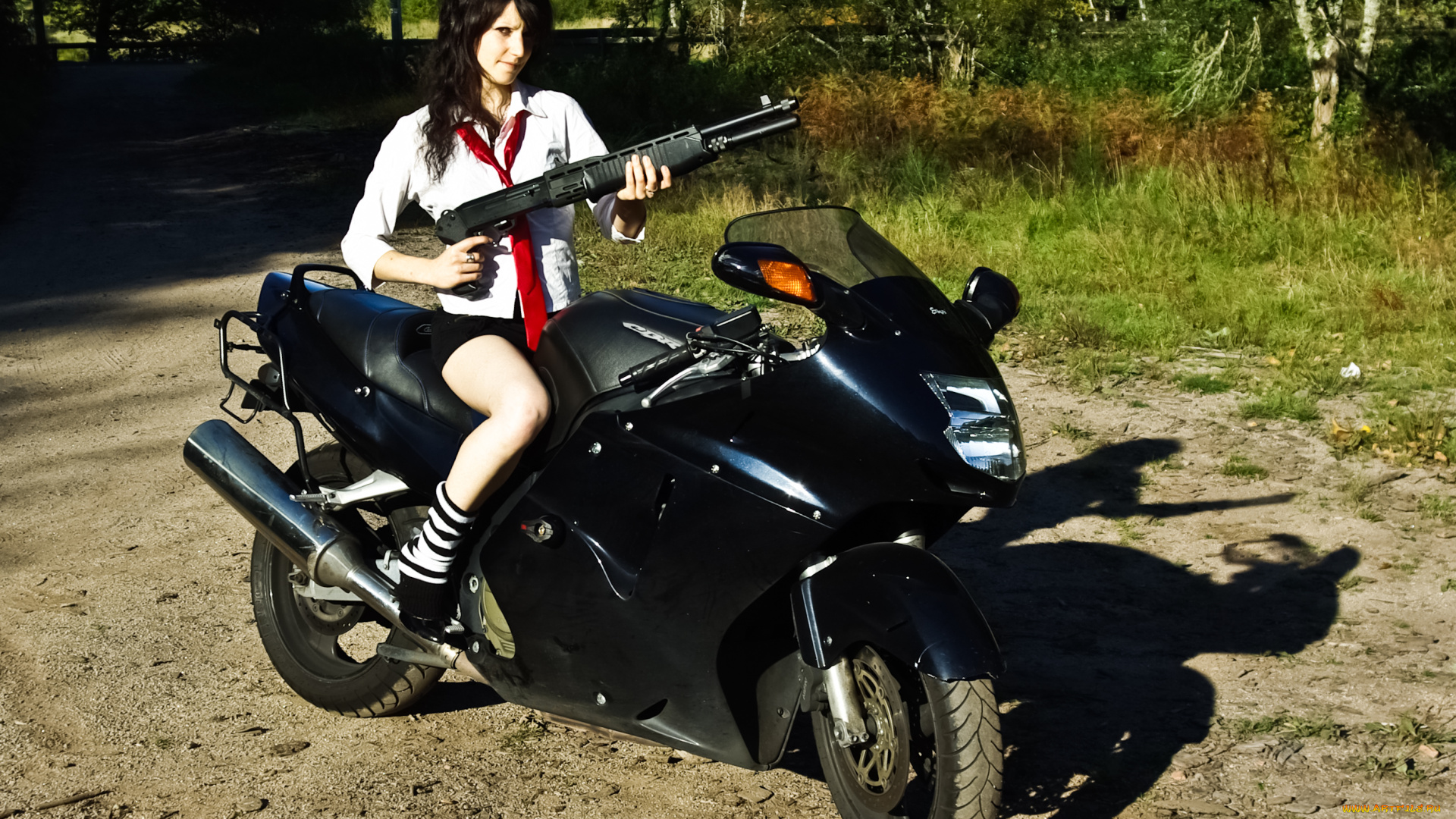 мотоциклы, мото, девушкой, дробовик