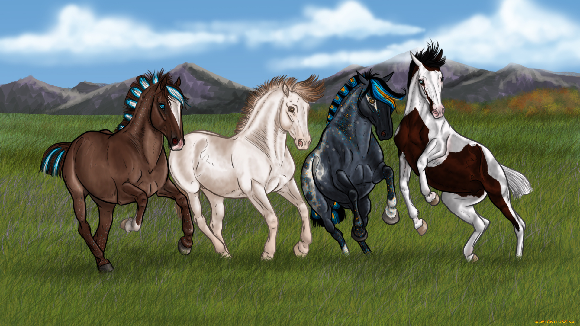 рисованные, животные, лошади, луг