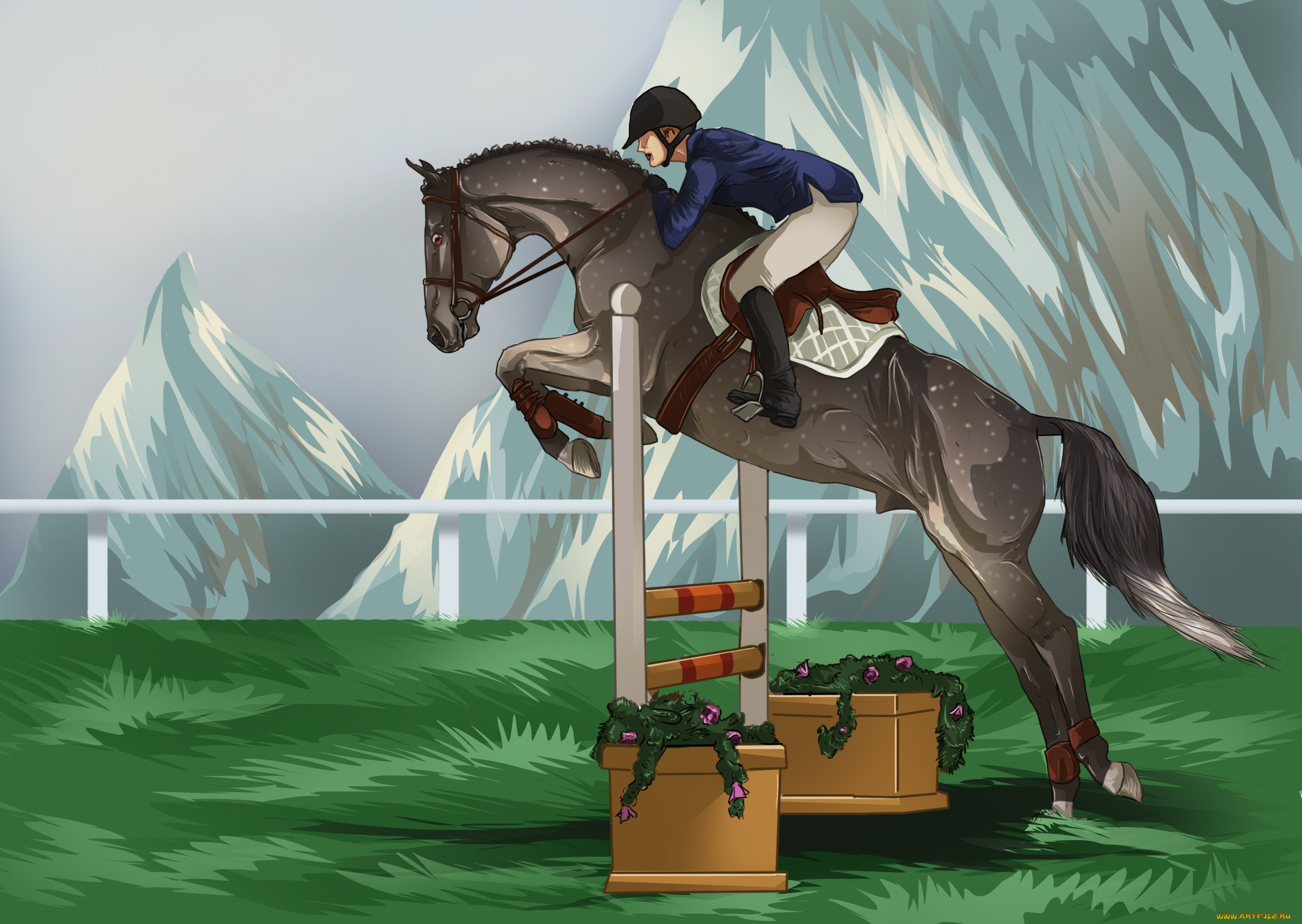 рисованные, животные, лошади, лошадь, всадник