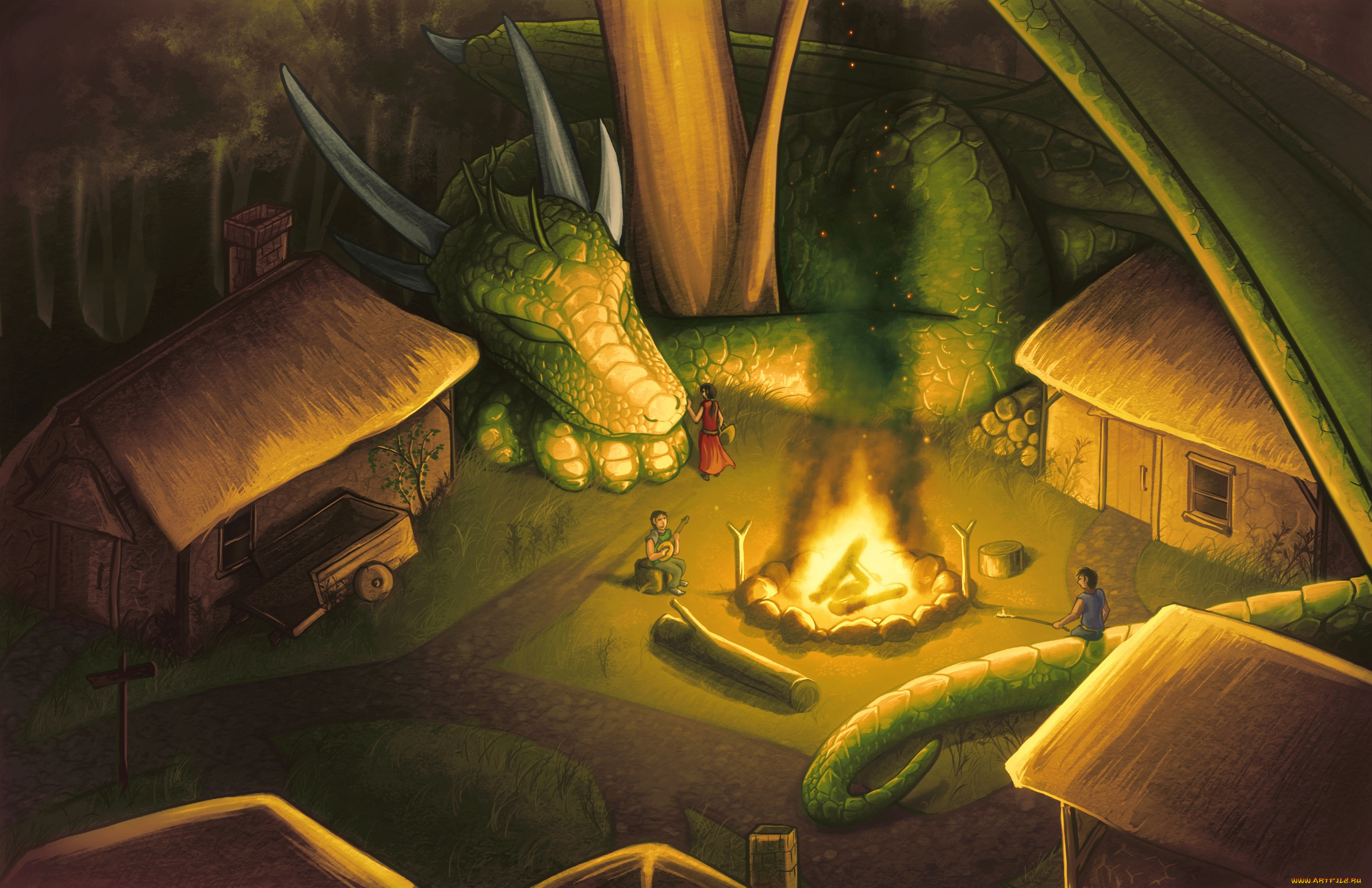 фэнтези, драконы, крылья, костер, домики, рога