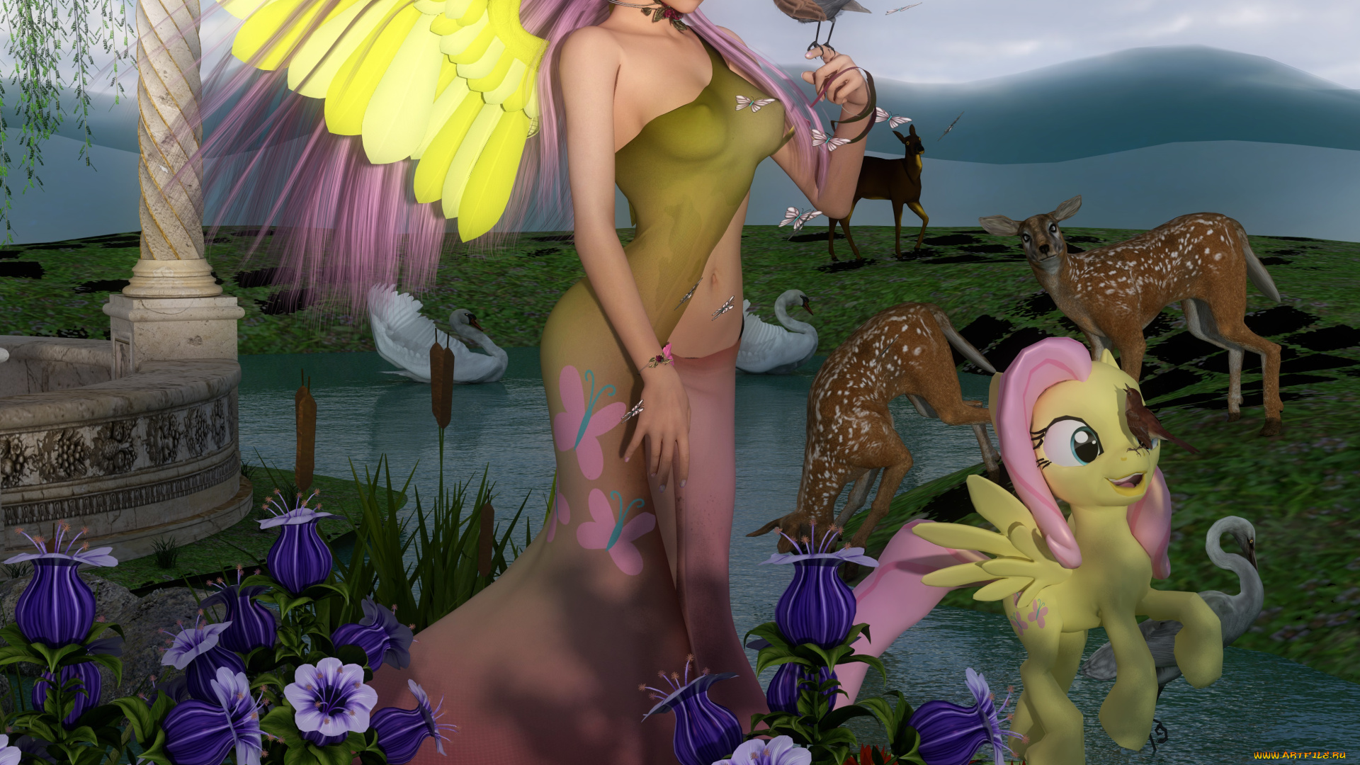 3д, графика, эльфы, , elves, животные, цветы, крылья, эльфийка