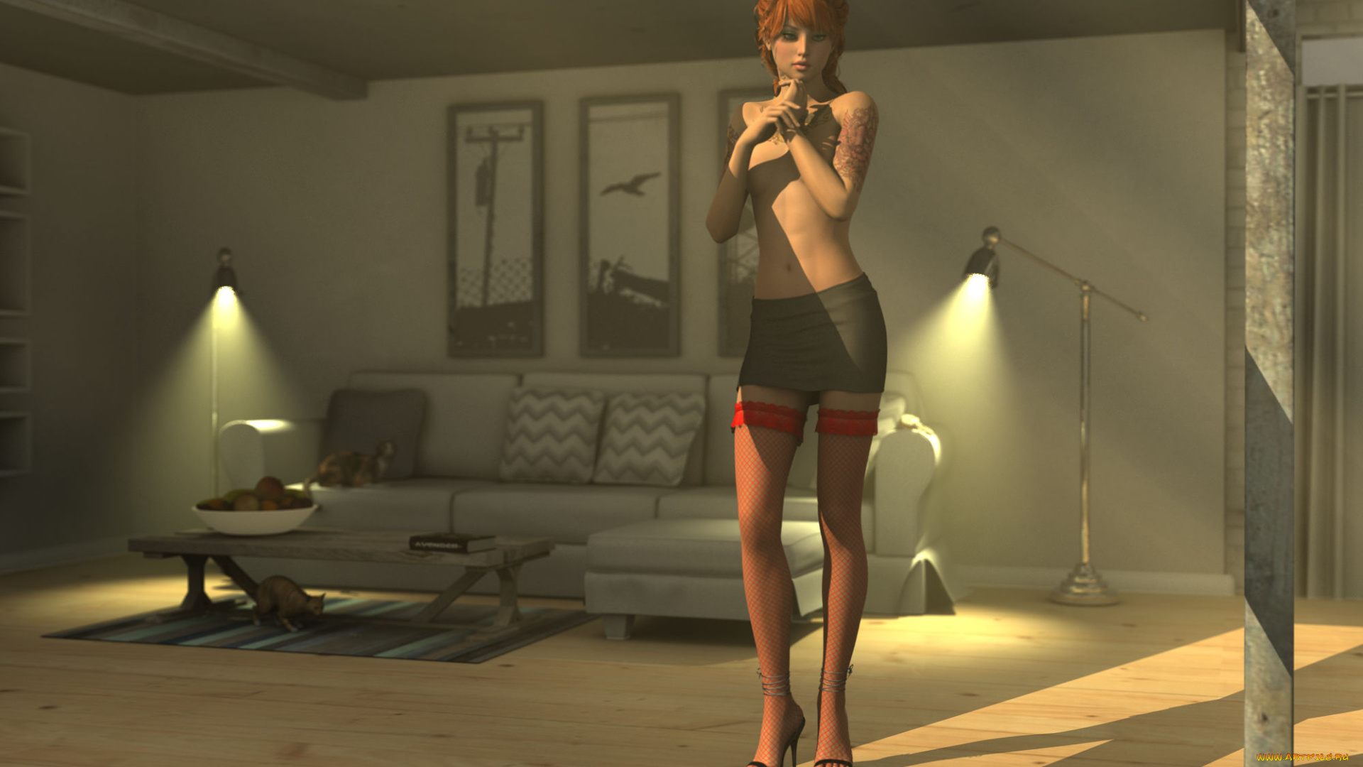 3д, графика, люди, , people, комната, диван, взгляд, девушка