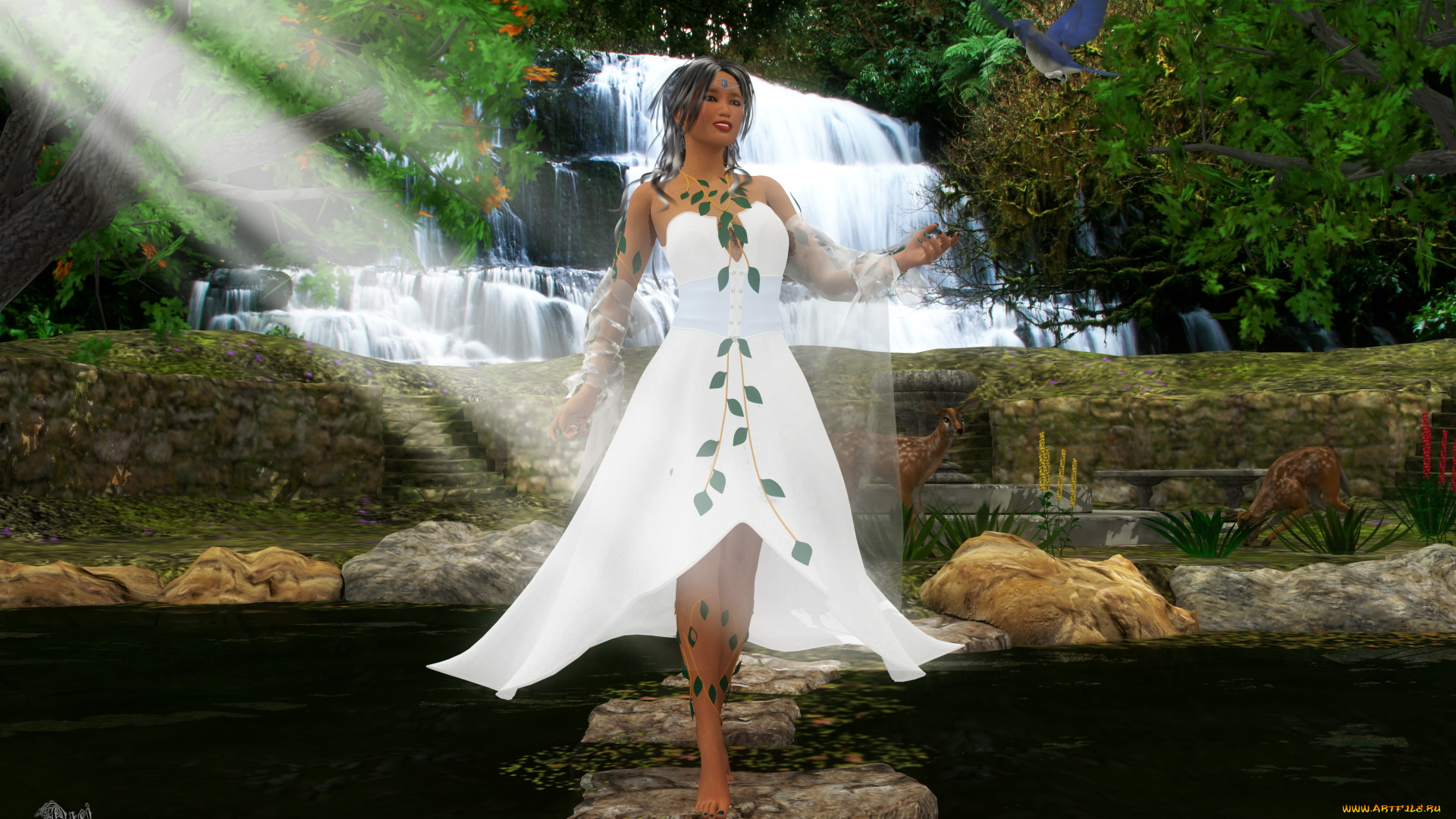 3д, графика, люди, , people, улыбка, водопад, платье, взгляд, девушка