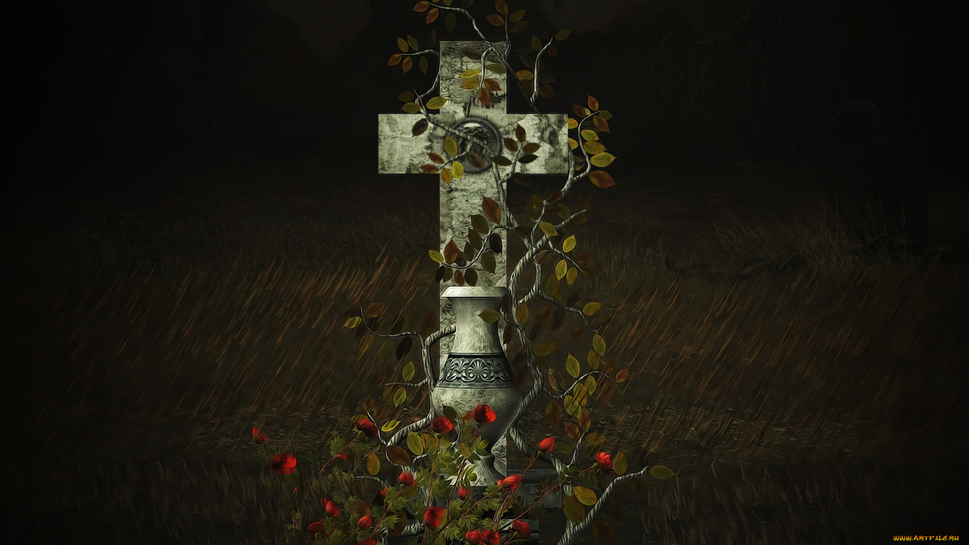 3д, графика, ужас, , horror, ночь, луна, цветы, крест