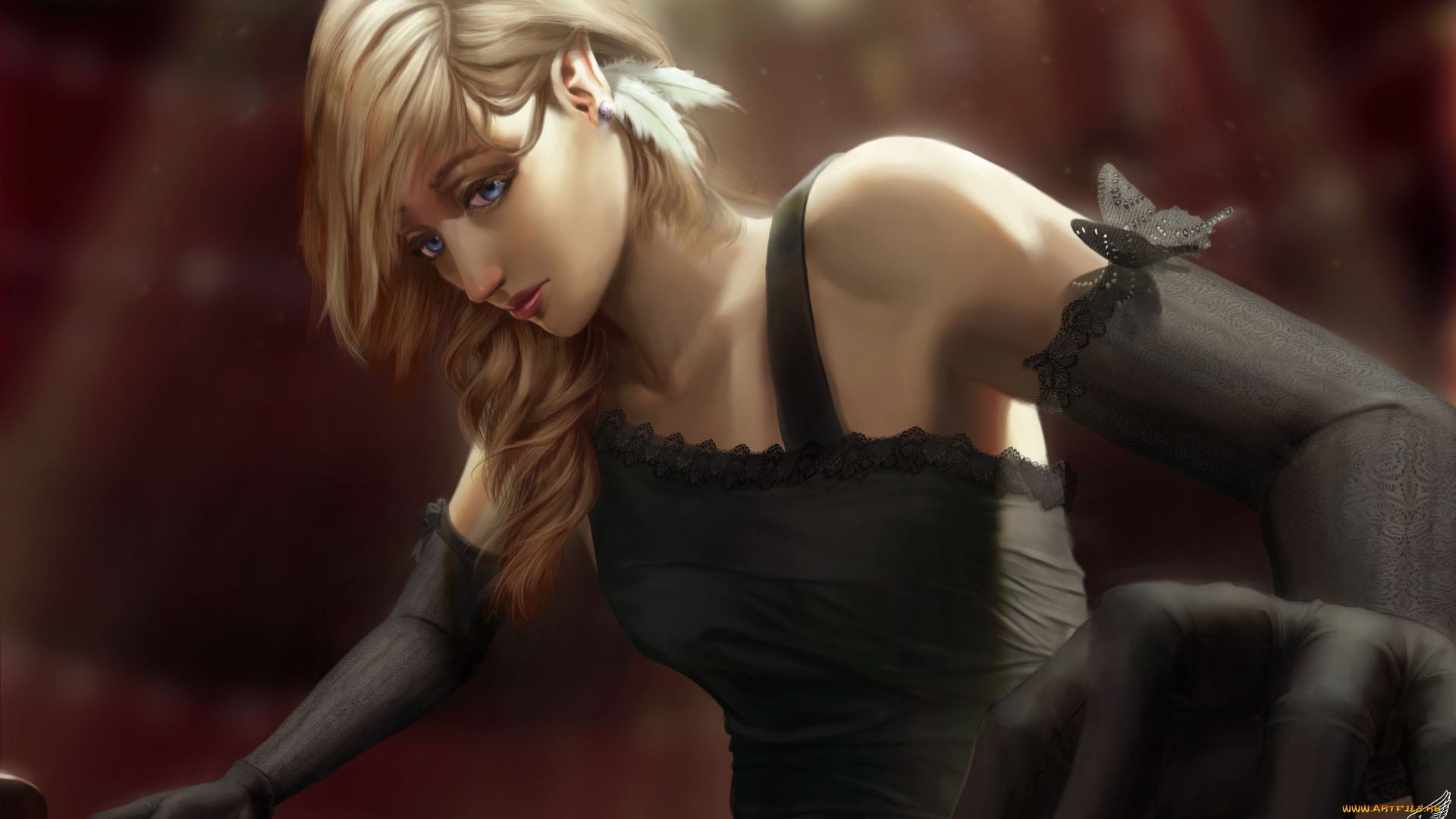 фэнтези, эльфы, перчатки, бабочка, перья, взгляд, девушка, эльф, арт, клавиши