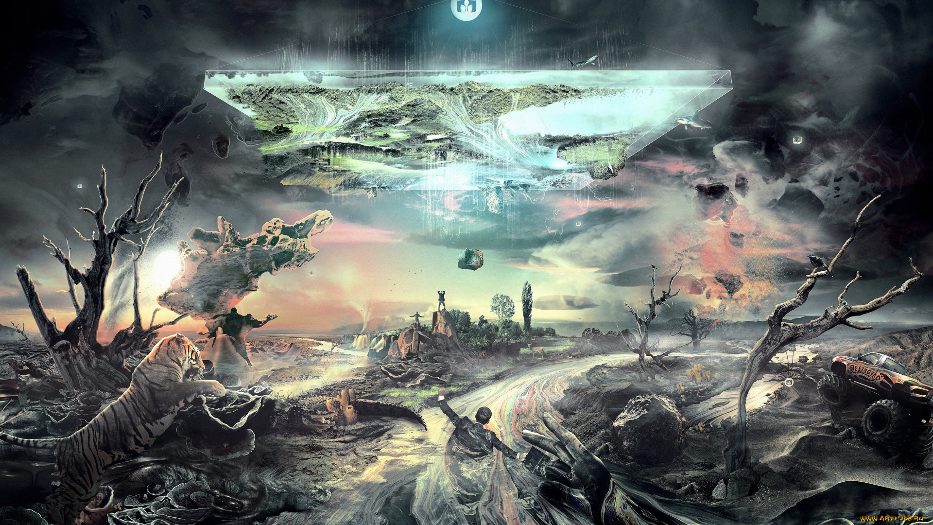 фэнтези, фотоарт, река, хаос, мир, иной, автомобиль, тигр, люди