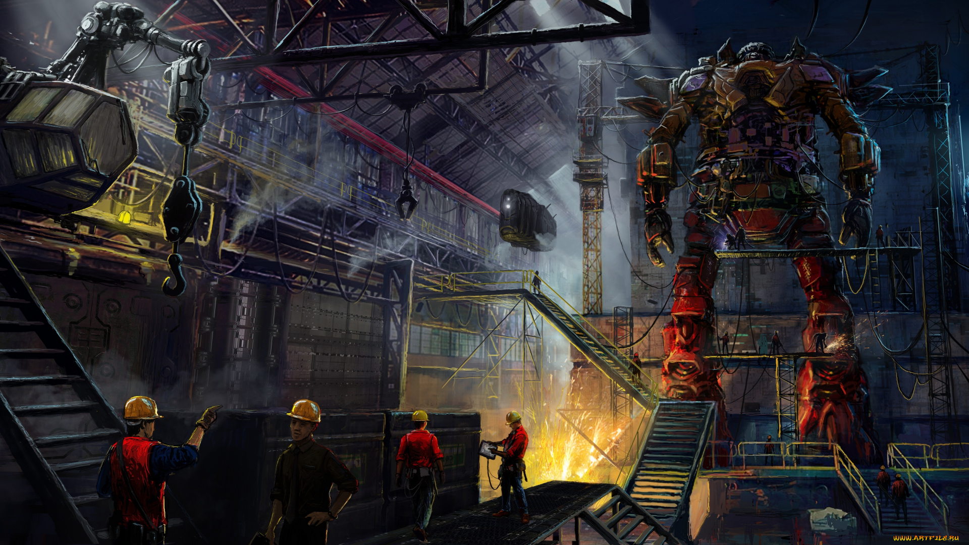 фэнтези, роботы, , киборги, , механизмы, робот, люди, цех, завод