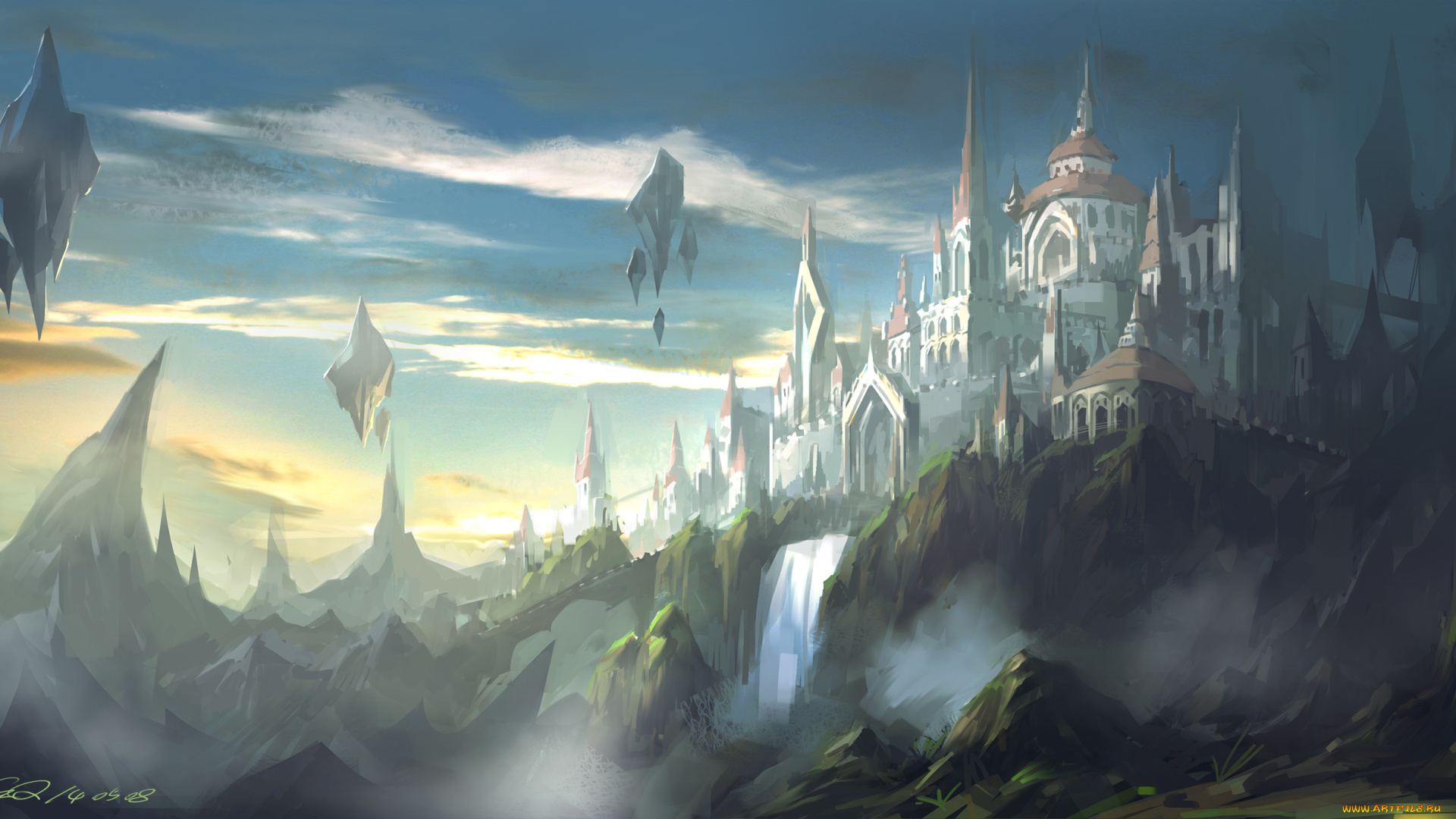 фэнтези, замки, замок, закат, небо, арт, пейзаж, пар, водопад, облака, парящие, скалы