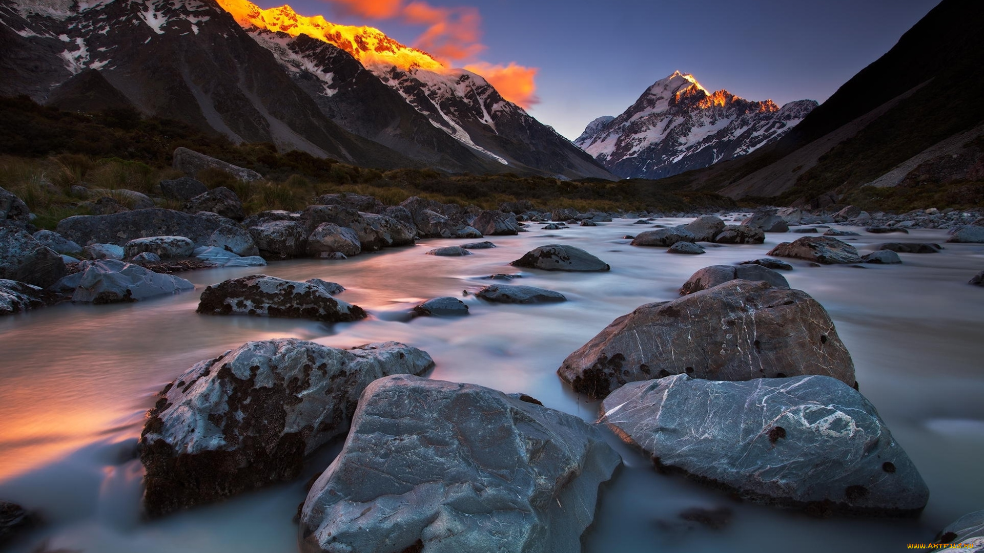 природа, реки, озера, рассвет, река, горы, деревья, вершины