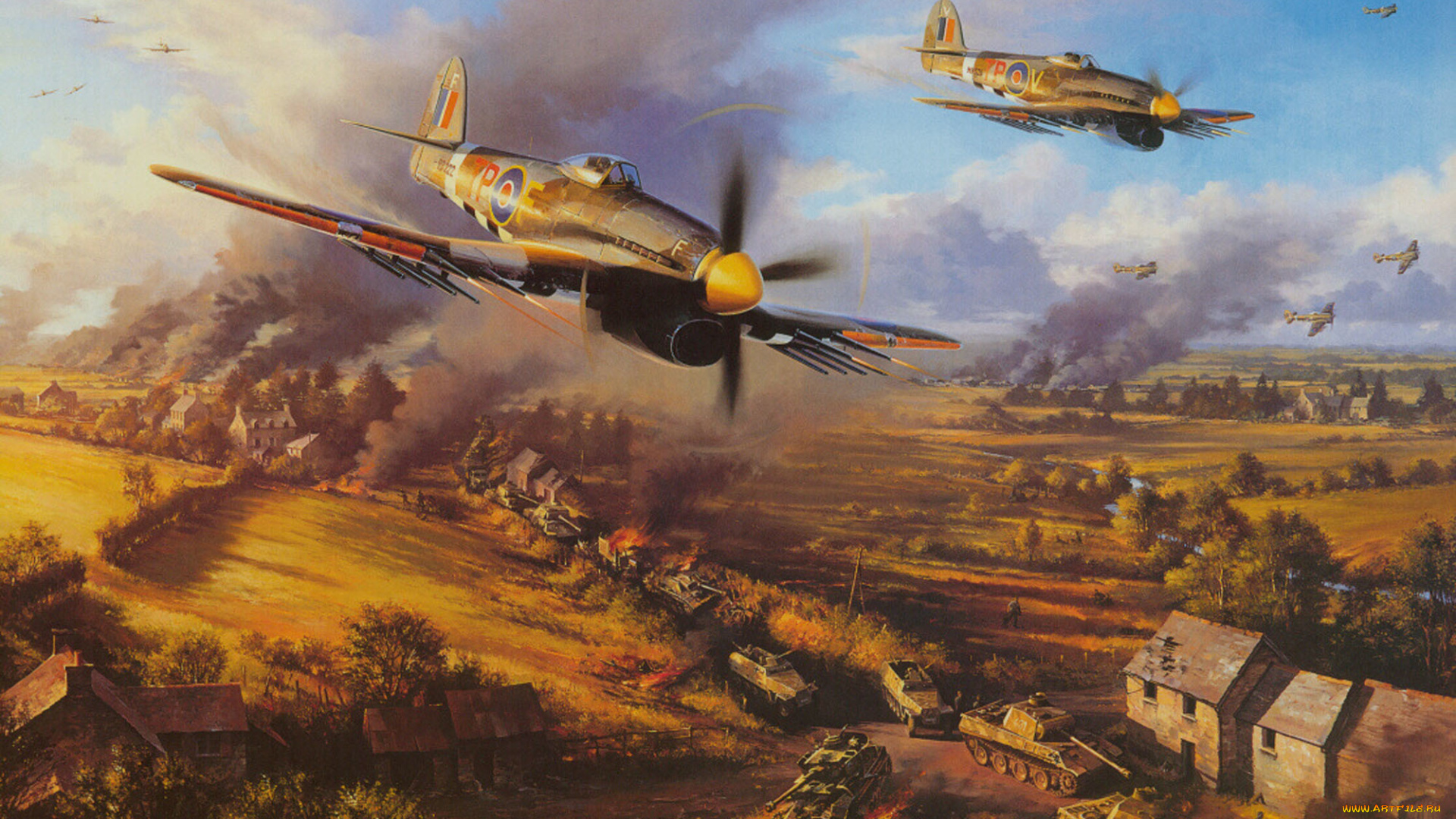 рисованные, авиация, поле, боя, самолет, атака, дым, небо, дома, танк