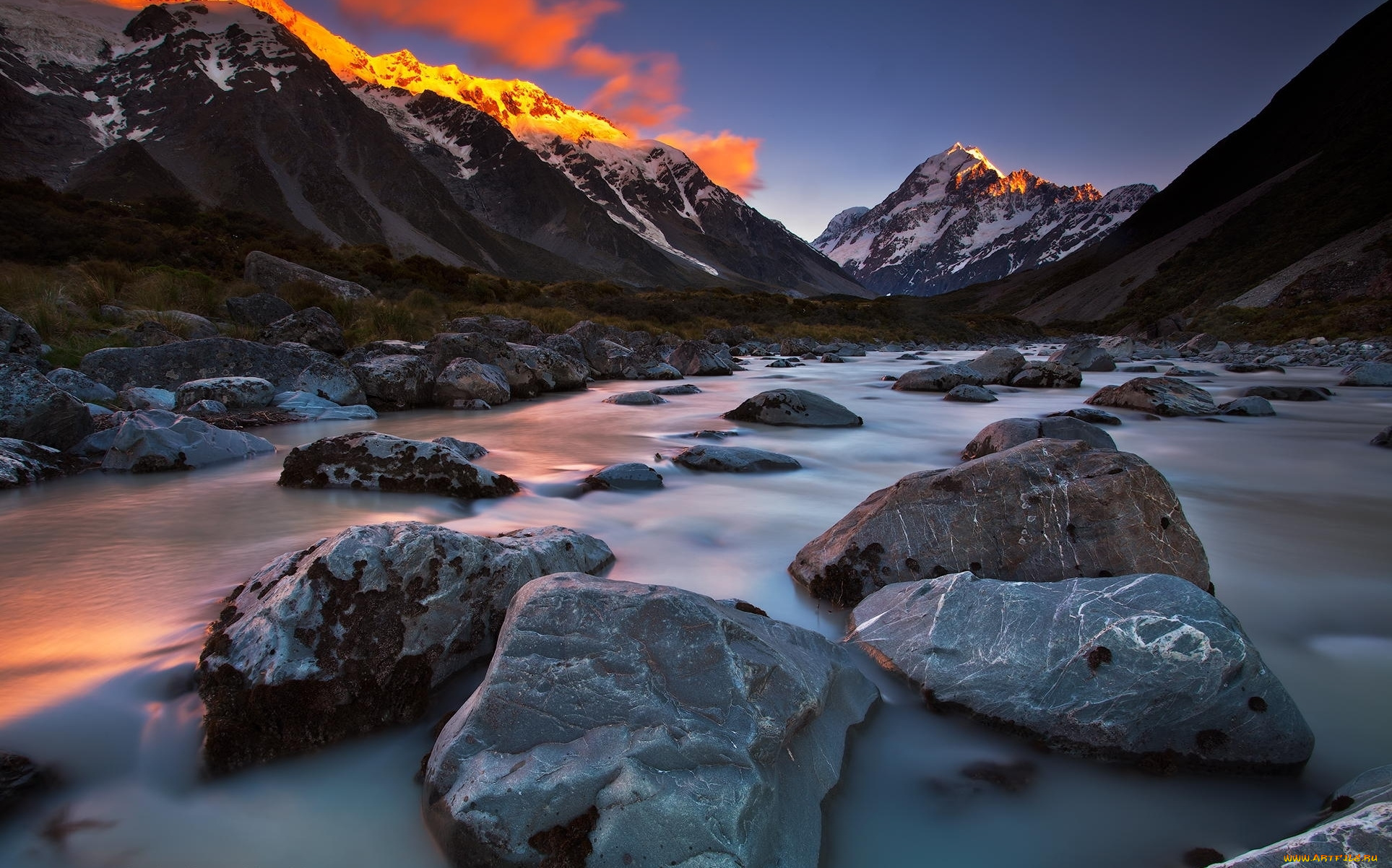 природа, реки, озера, рассвет, река, горы, деревья, вершины