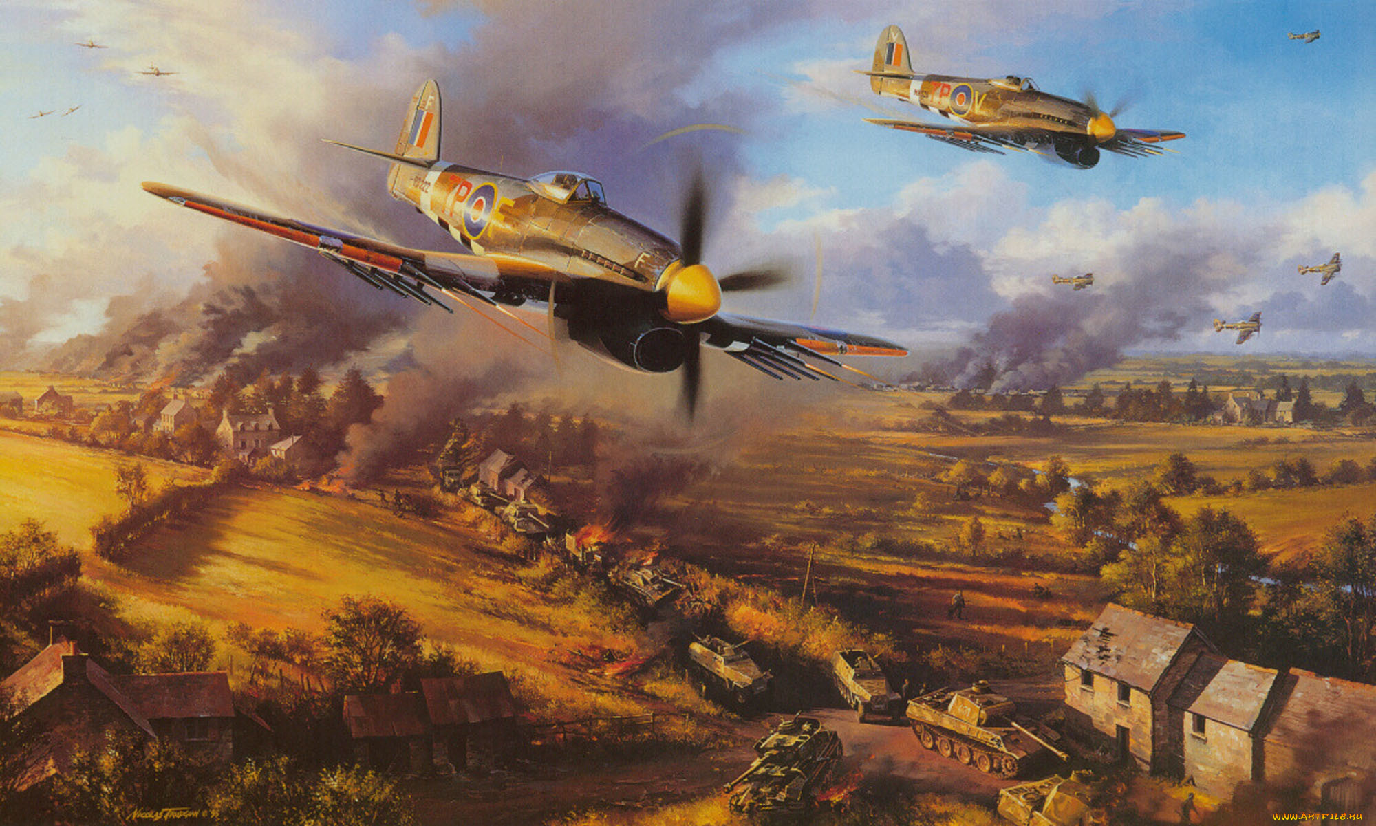 рисованные, авиация, поле, боя, самолет, атака, дым, небо, дома, танк
