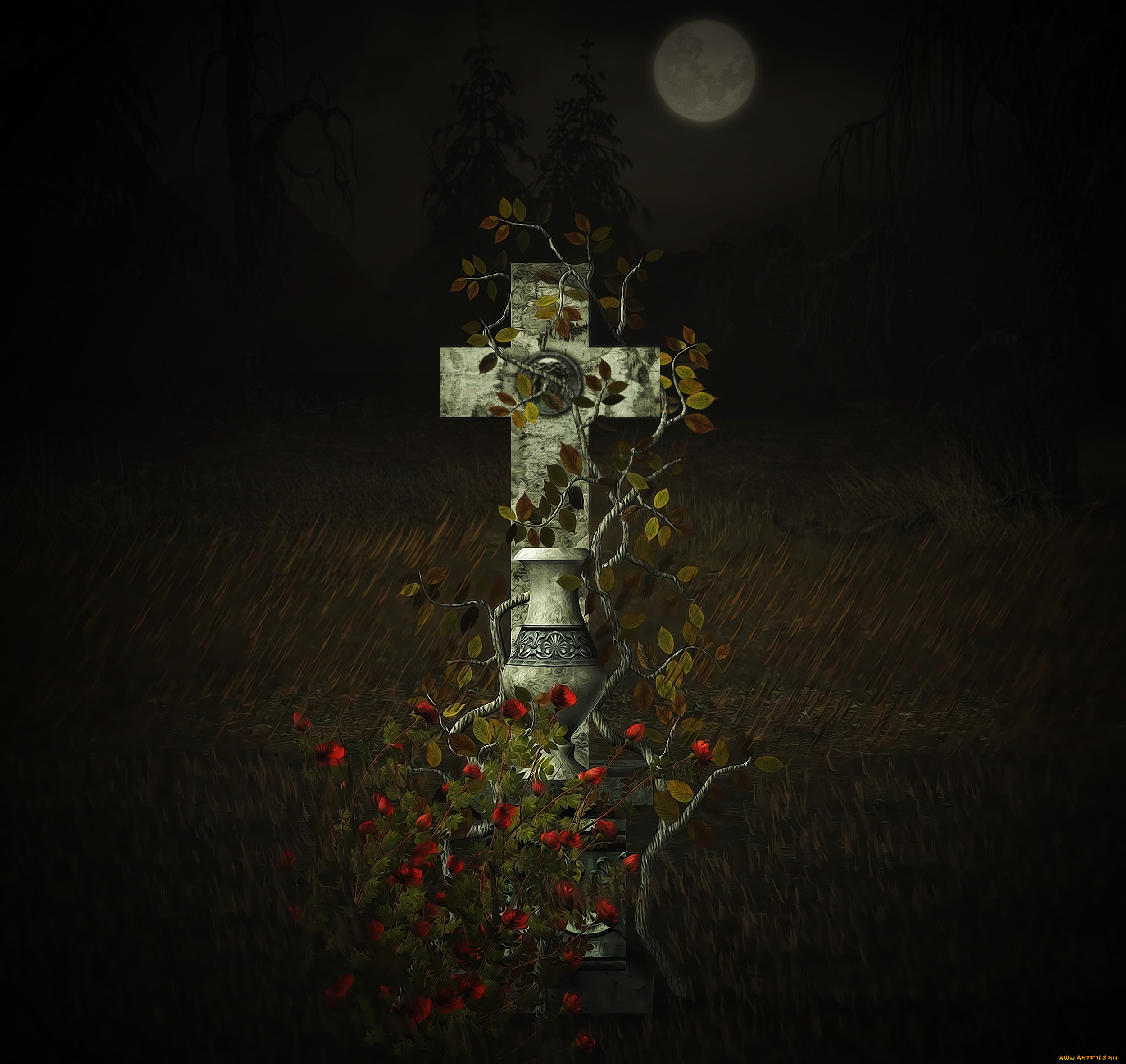 3д, графика, ужас, , horror, ночь, луна, цветы, крест