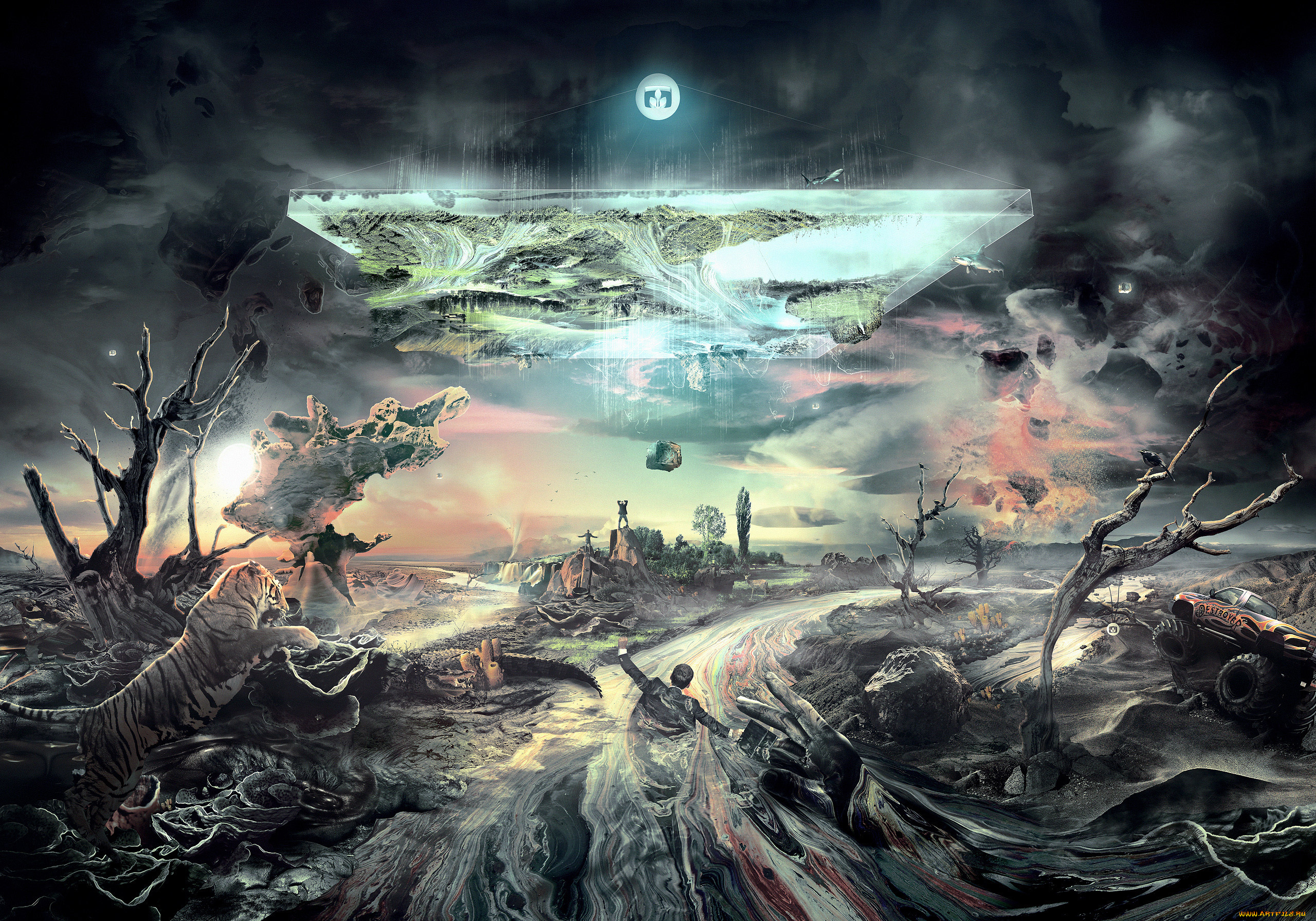 фэнтези, фотоарт, река, хаос, мир, иной, автомобиль, тигр, люди