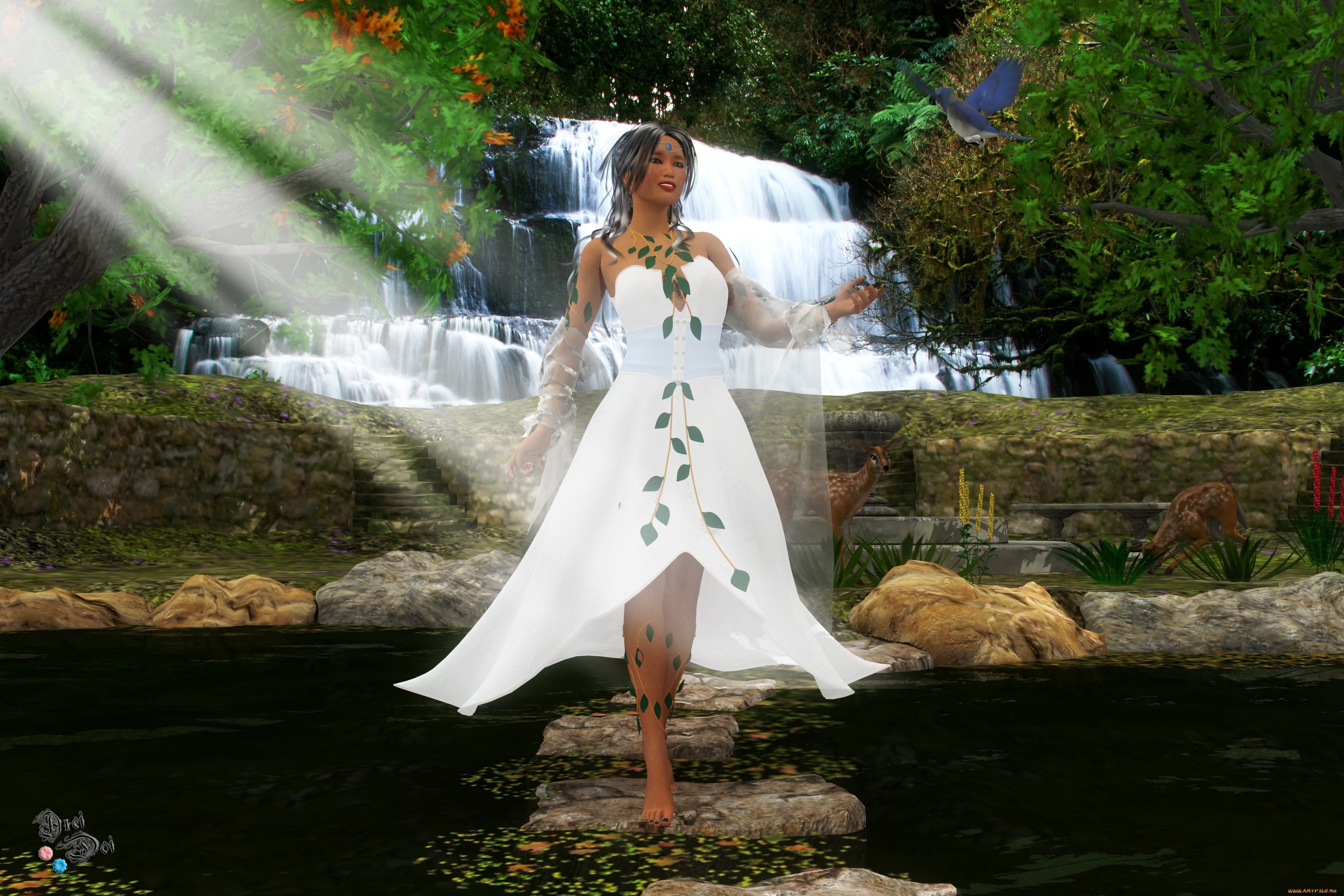 3д, графика, люди, , people, улыбка, водопад, платье, взгляд, девушка