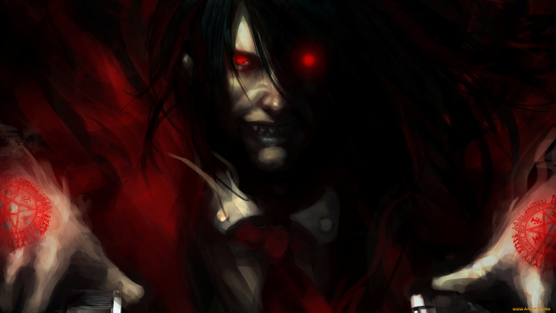 аниме, hellsing, vampire, вампир, парень, арт, leopinheiro, пентаграммы, пистолеты, зубы, alucard, красные, глаза
