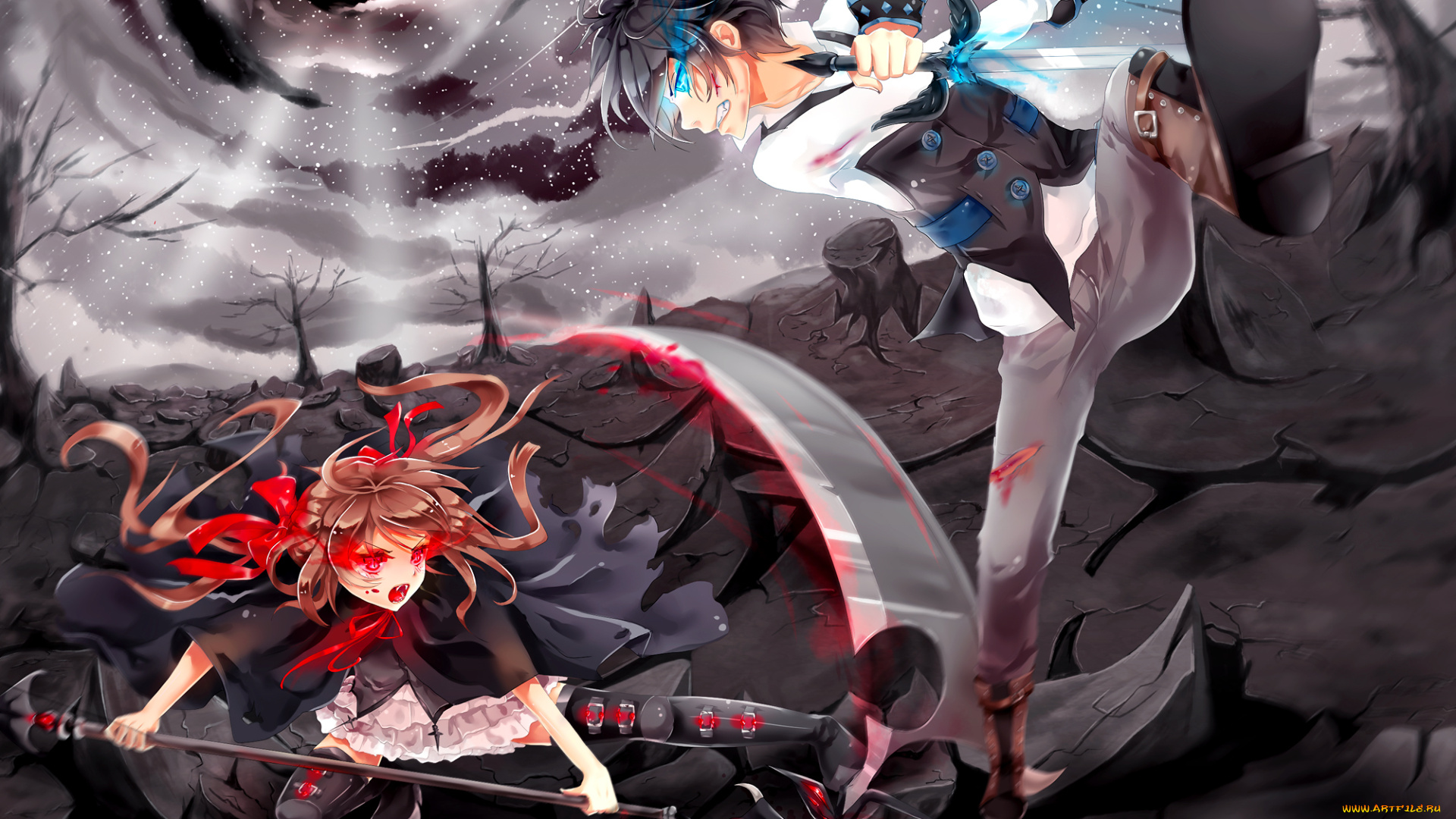 аниме, оружие, , техника, , технологии, меч, кровь, царапины, раны, деревья, клыки, облака, коса, парень, девушка, небо, арт