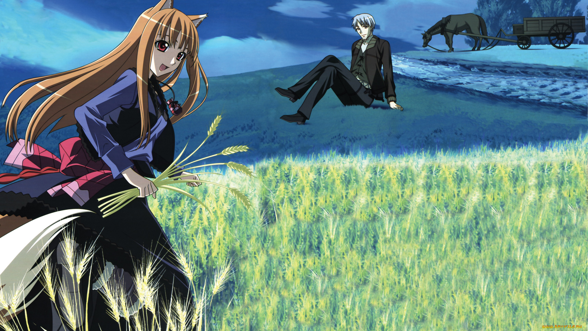 аниме, spice, and, wolf, девушка, парень, horo, craft, lawrence, spice, and, wolf, поле