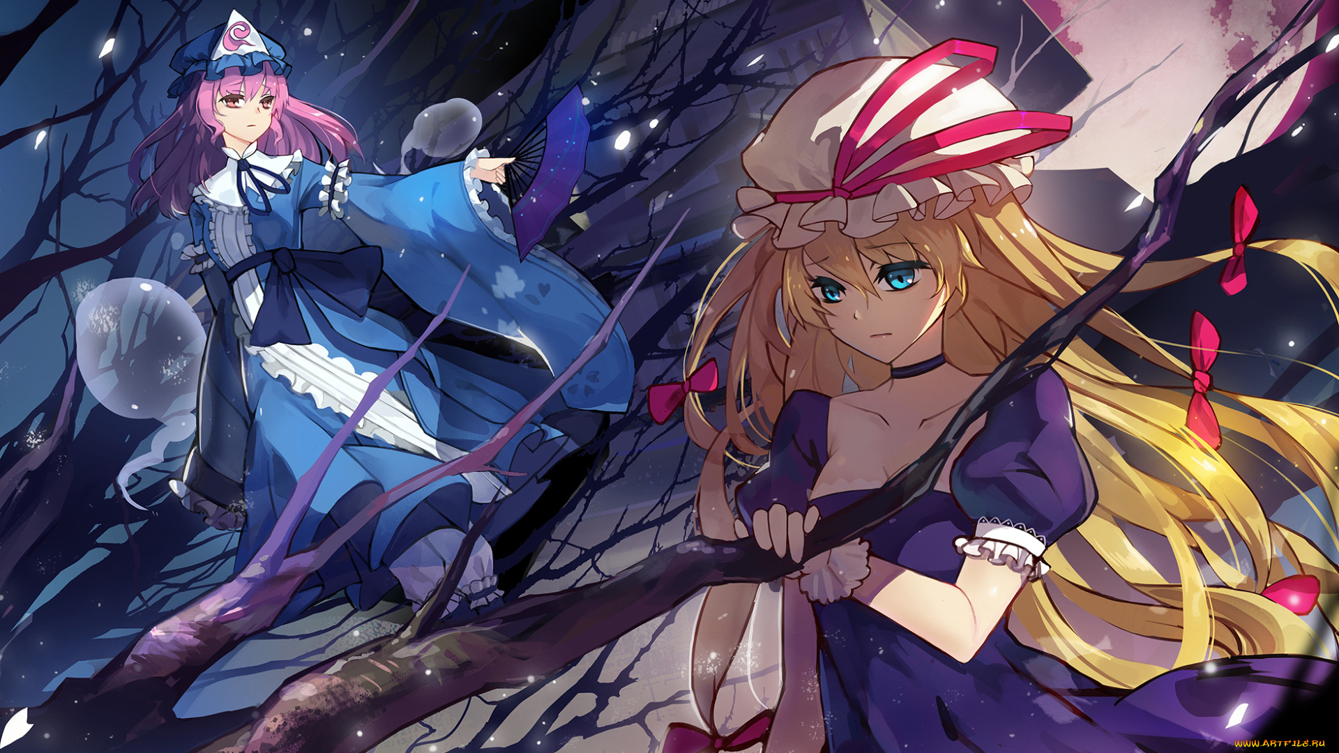 аниме, touhou, saigyouji, yuyuko, yakumo, yukari, ночь, ветки, дом, крыша, tsubasa19900920, арт, девушки