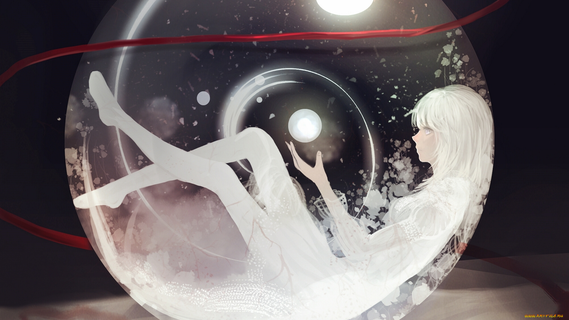 аниме, unknown, , другое, кровь, девушка, пузырь, шар, лента, арт, блики