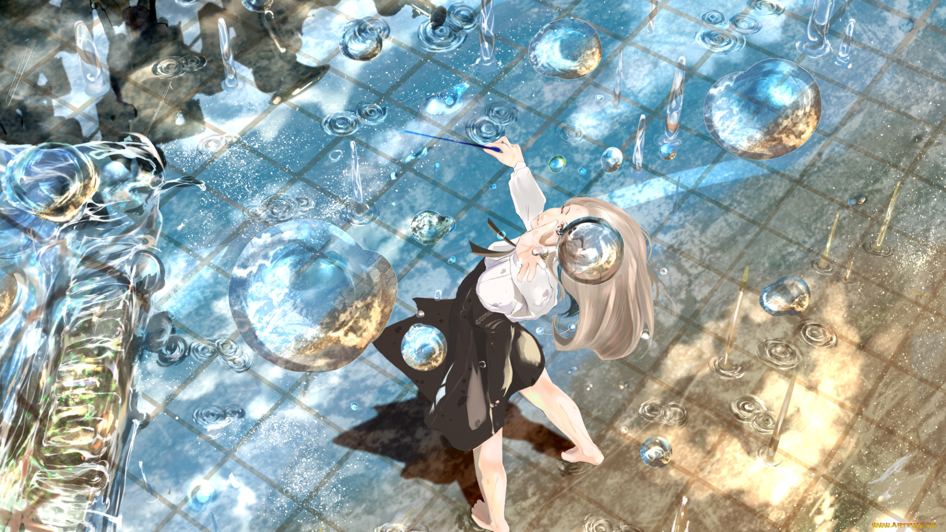 аниме, unknown, , другое, свет, отражение, лужи, plantroom9, девушка, nine, капли, палочка, вода, улица, брызги