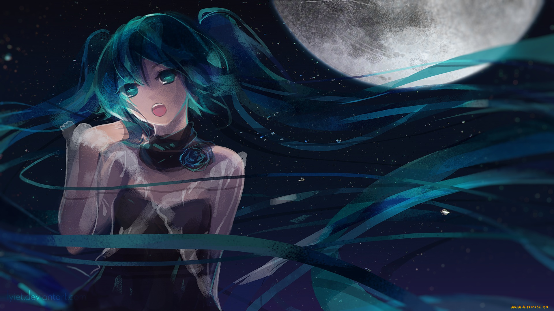 аниме, vocaloid, lyiet, hatsune, miku, ночь, девушка, арт