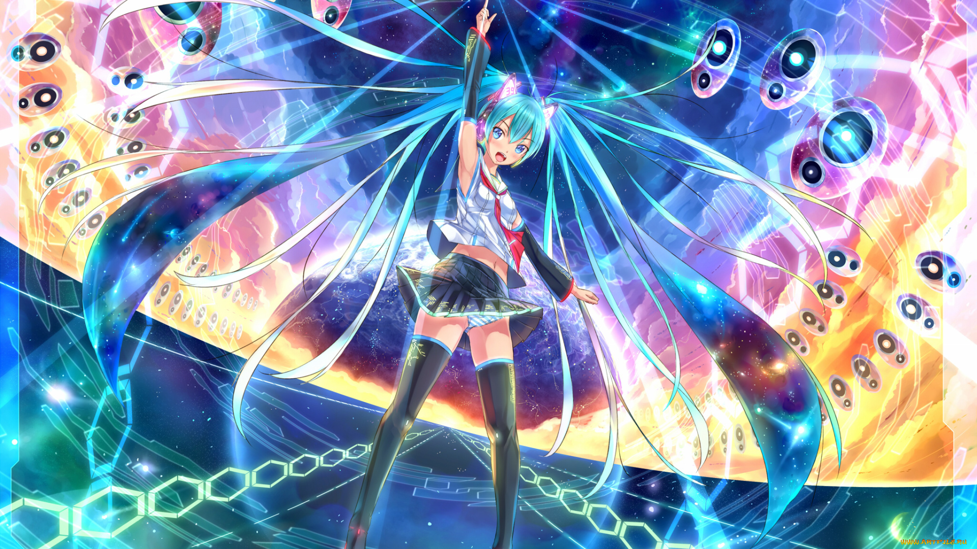 аниме, vocaloid, вокалоид, арт, девушка, планета