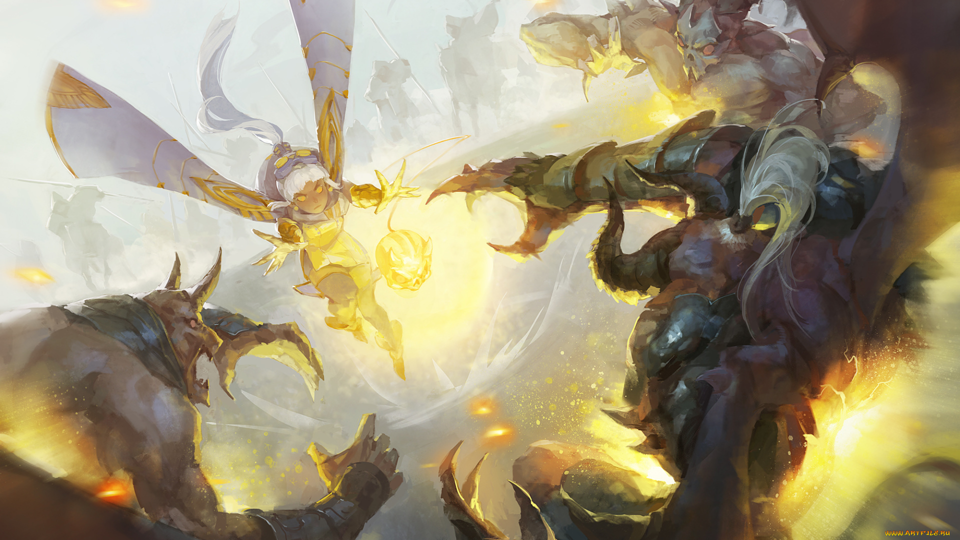 аниме, животные, , существа, бой, девушка, арт, монстры, свет, магия, anime