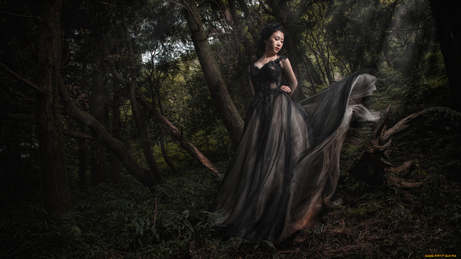 девушки, -unsort, , азиатки, платье, деревья, природа, лес, девушка, сумрак