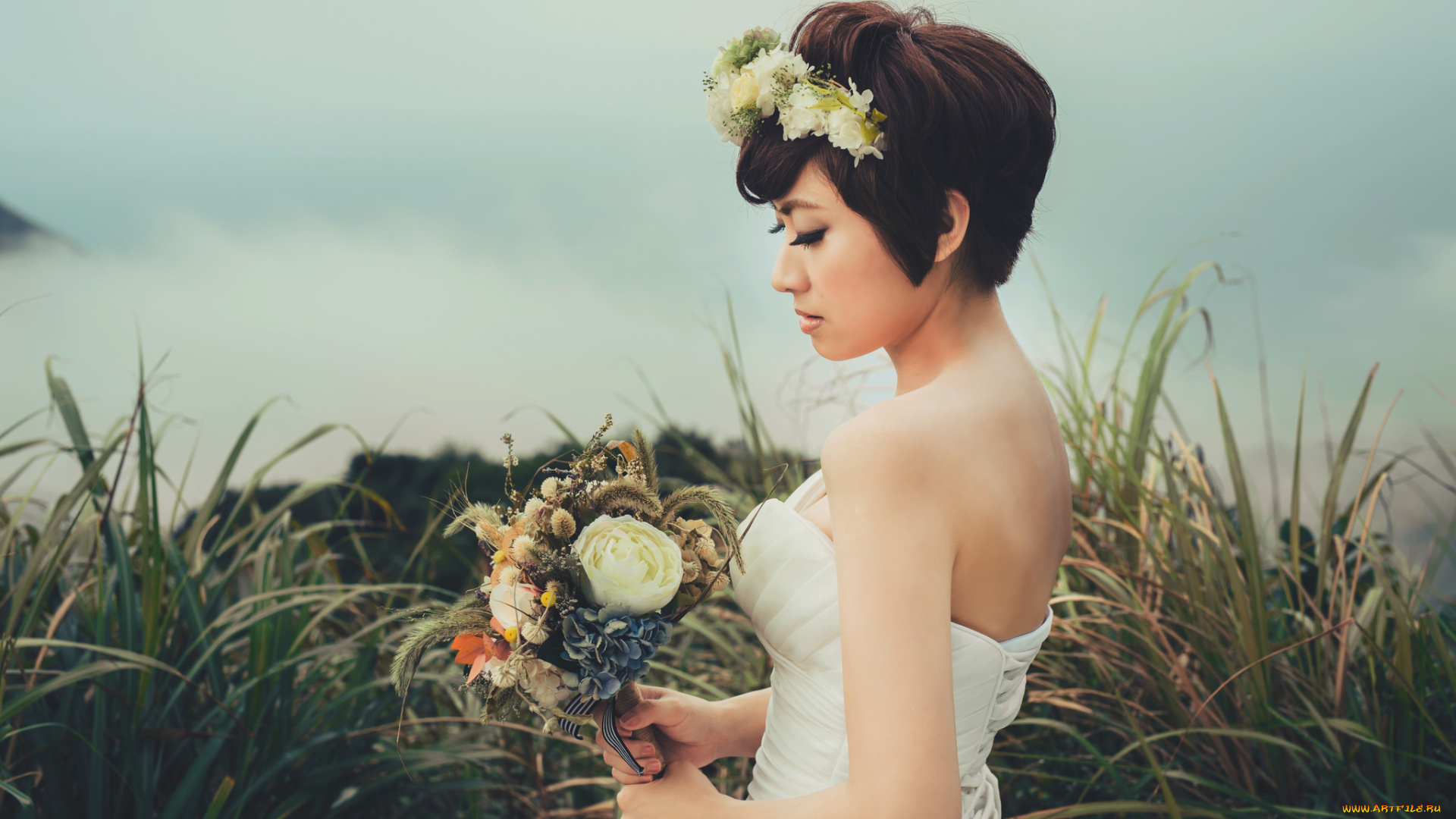 девушки, -unsort, , азиатки, свадебное, платье, поле, девушка, азиатка